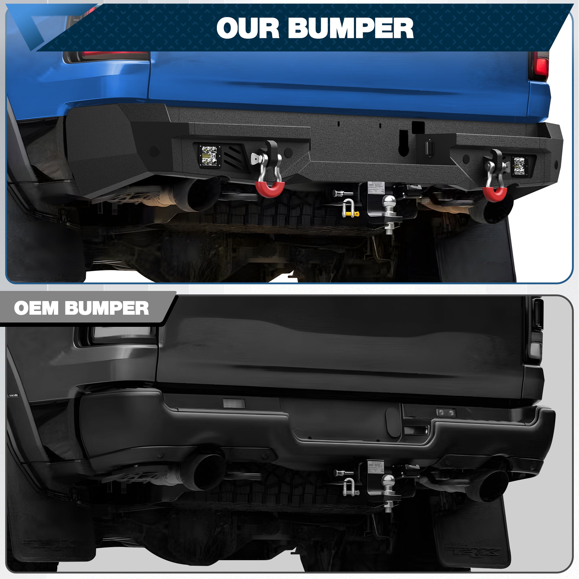 POFENZE Rear Bumper for 2021-2025 Ram 1500 TRX, Steel Bumper with Step, LED Lights & D-Rings POFENZE 