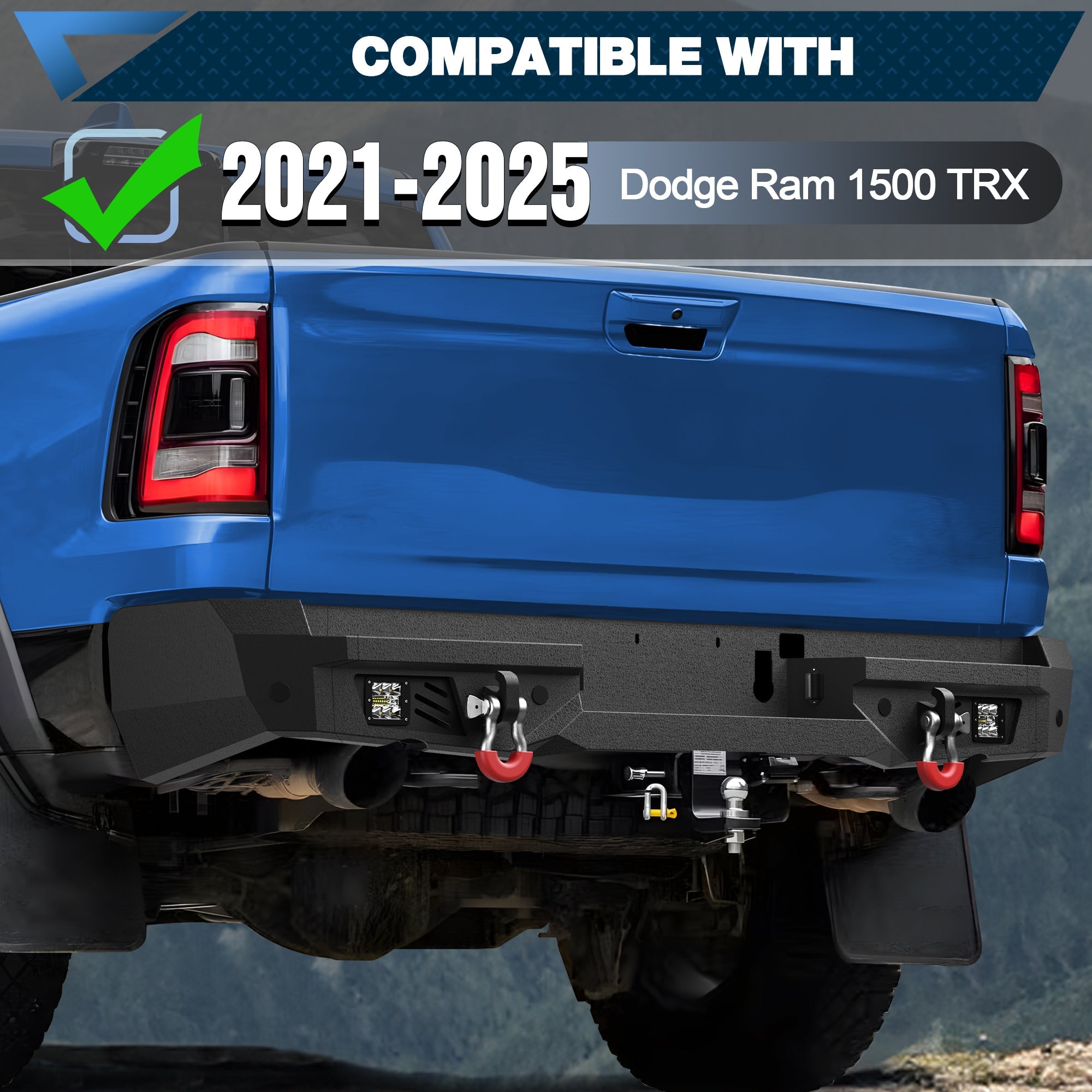 POFENZE Rear Bumper for 2021-2025 Ram 1500 TRX, Steel Bumper with Step, LED Lights & D-Rings POFENZE 