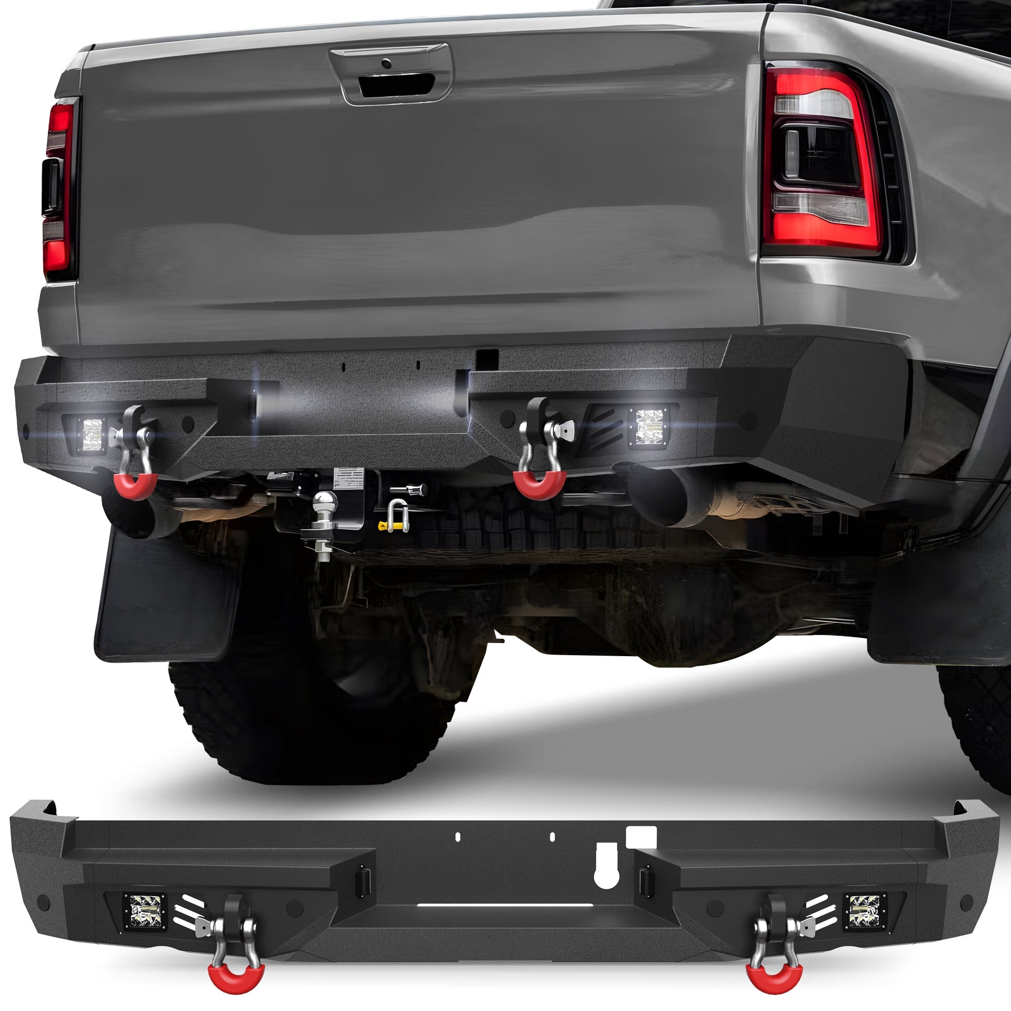 POFENZE Rear Bumper for 2021-2025 Ram 1500 TRX, Steel Bumper with Step, LED Lights & D-Rings POFENZE 