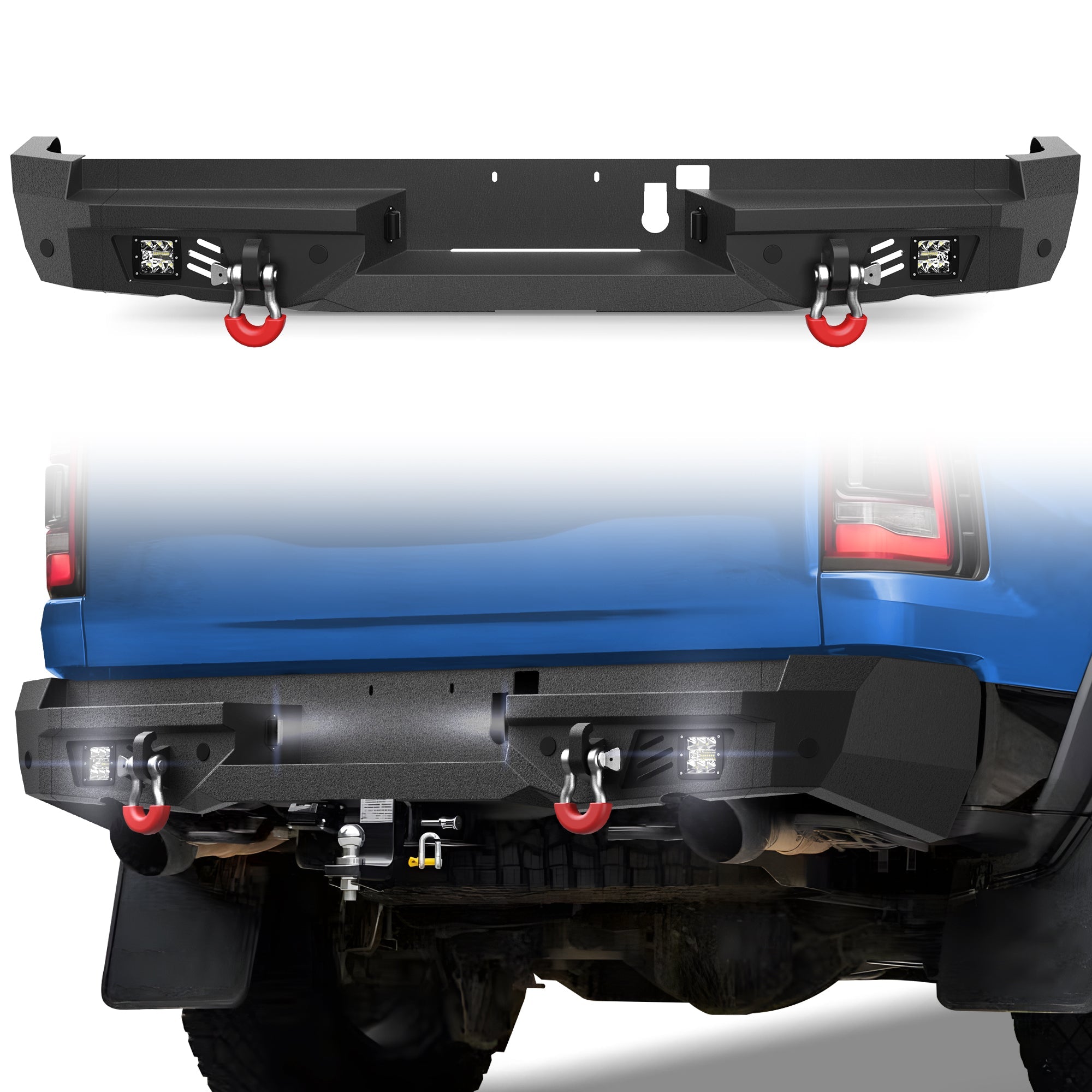 POFENZE Rear Bumper for 2021-2025 Ram 1500 TRX, Steel Bumper with Step, LED Lights & D-Rings POFENZE 
