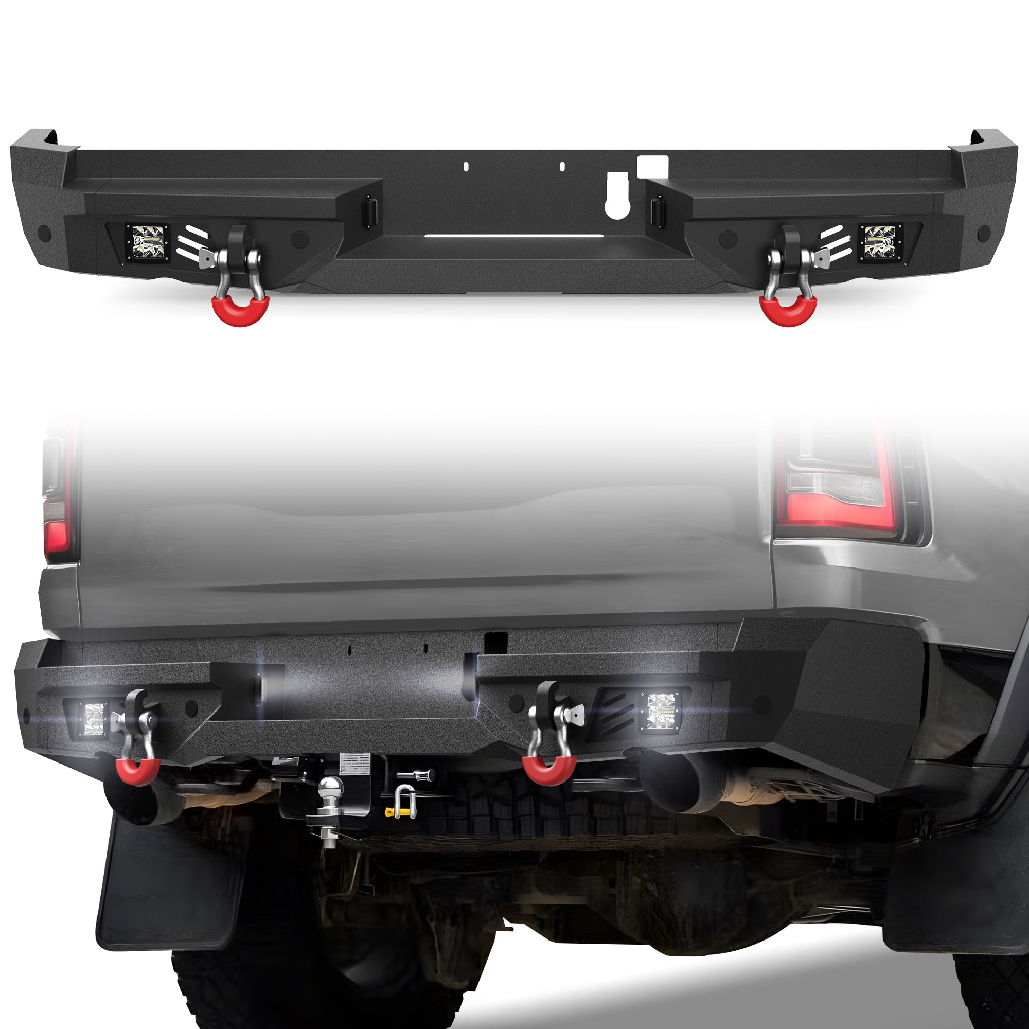 POFENZE Rear Bumper for 2021-2025 Ram 1500 TRX, Steel Bumper with Step, LED Lights & D-Rings POFENZE 