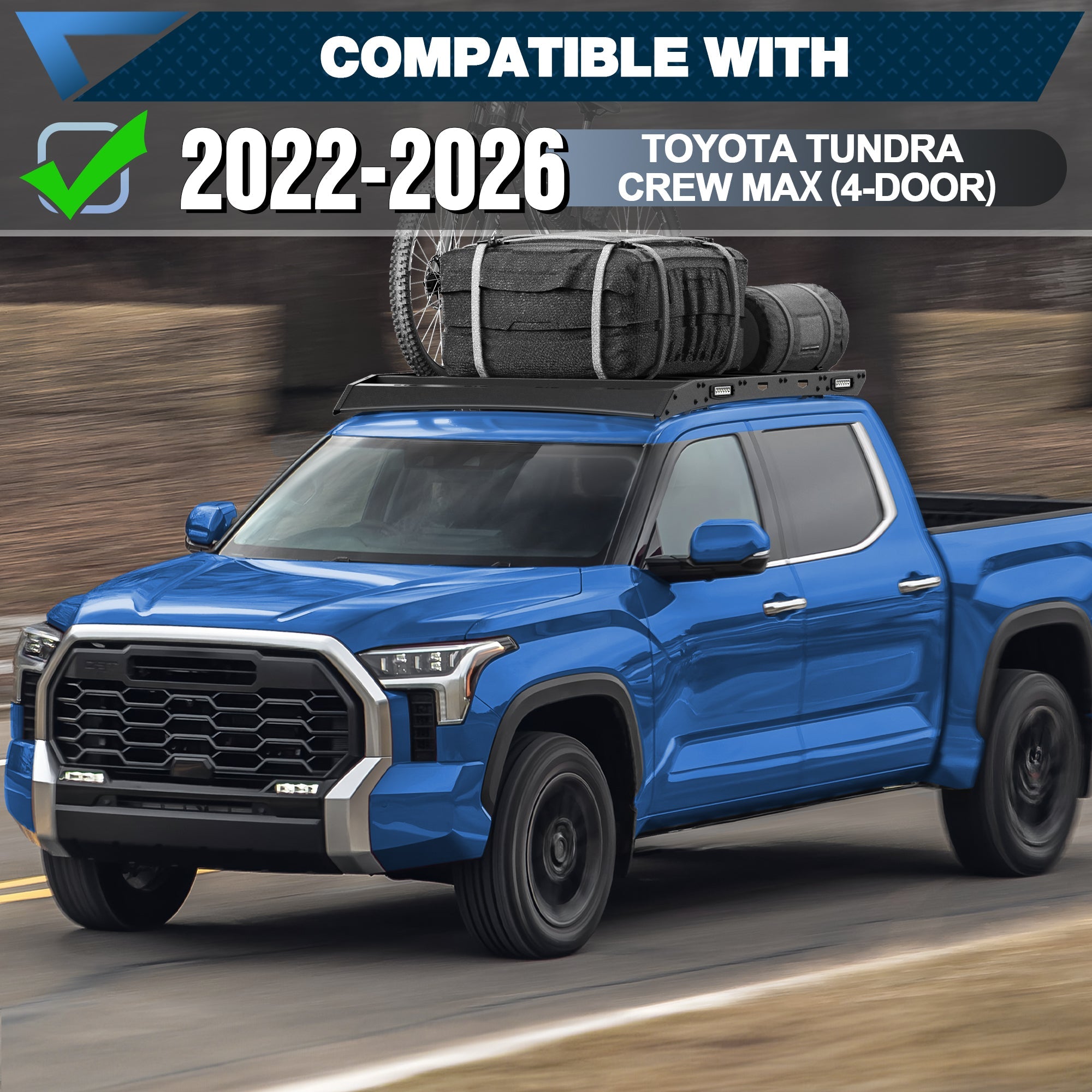 POFENZE Roof Rack for 2022-2026 Toyota Tundra CrewMax 4-Door, Flat Platform Steel Roof Rack with 4 Side Lights, Drill-On, 800 lbs Static Capacity POFENZE 