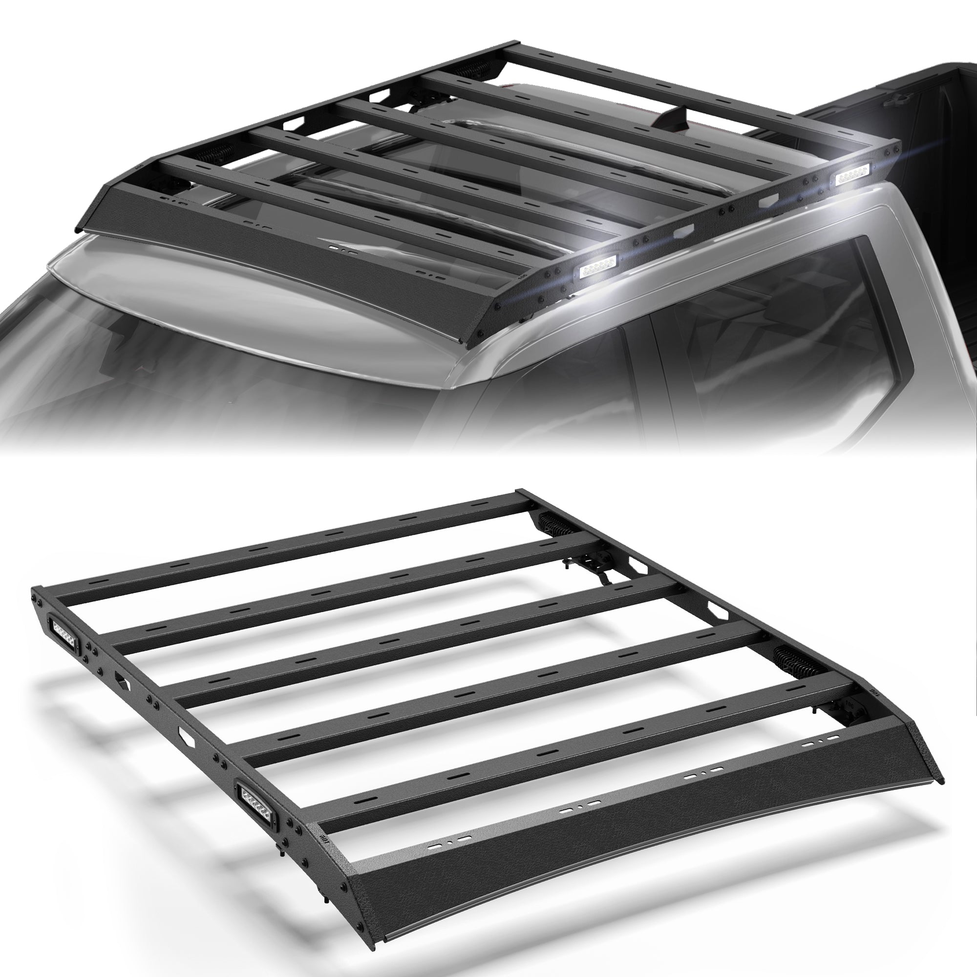 POFENZE Roof Rack for 2022-2026 Toyota Tundra CrewMax 4-Door, Flat Platform Steel Roof Rack with 4 Side Lights, Drill-On, 800 lbs Static Capacity POFENZE 