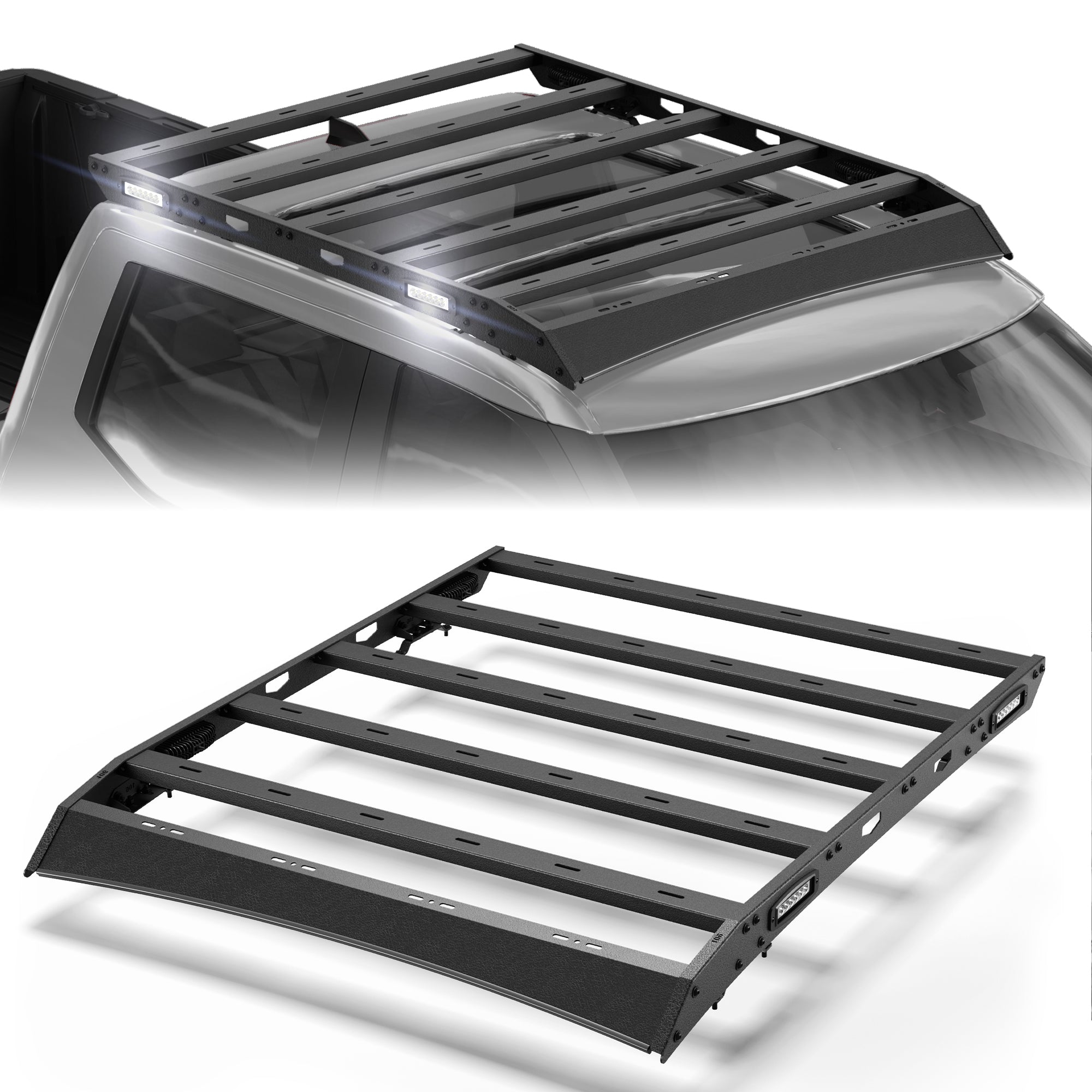 POFENZE Roof Rack for 2022-2026 Toyota Tundra CrewMax 4-Door, Flat Platform Steel Roof Rack with 4 Side Lights, Drill-On, 800 lbs Static Capacity POFENZE 