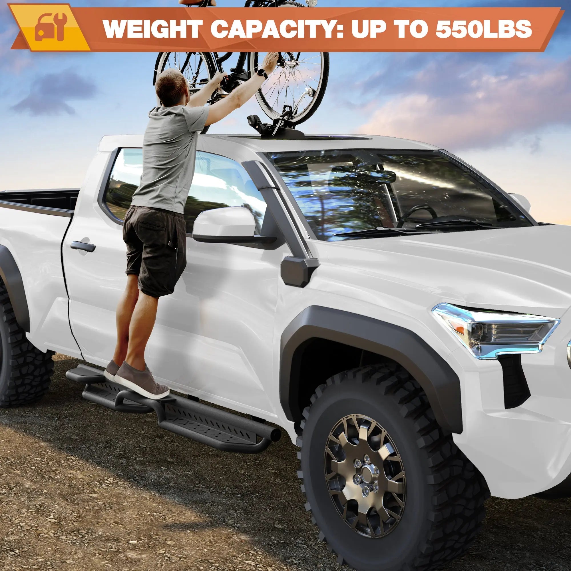 POFENZE Running Boards Two Raised Step Compatible with 2024-2025 Toyota Tacoma Crew Cab with 4 Full-Size Doors POFENZE
