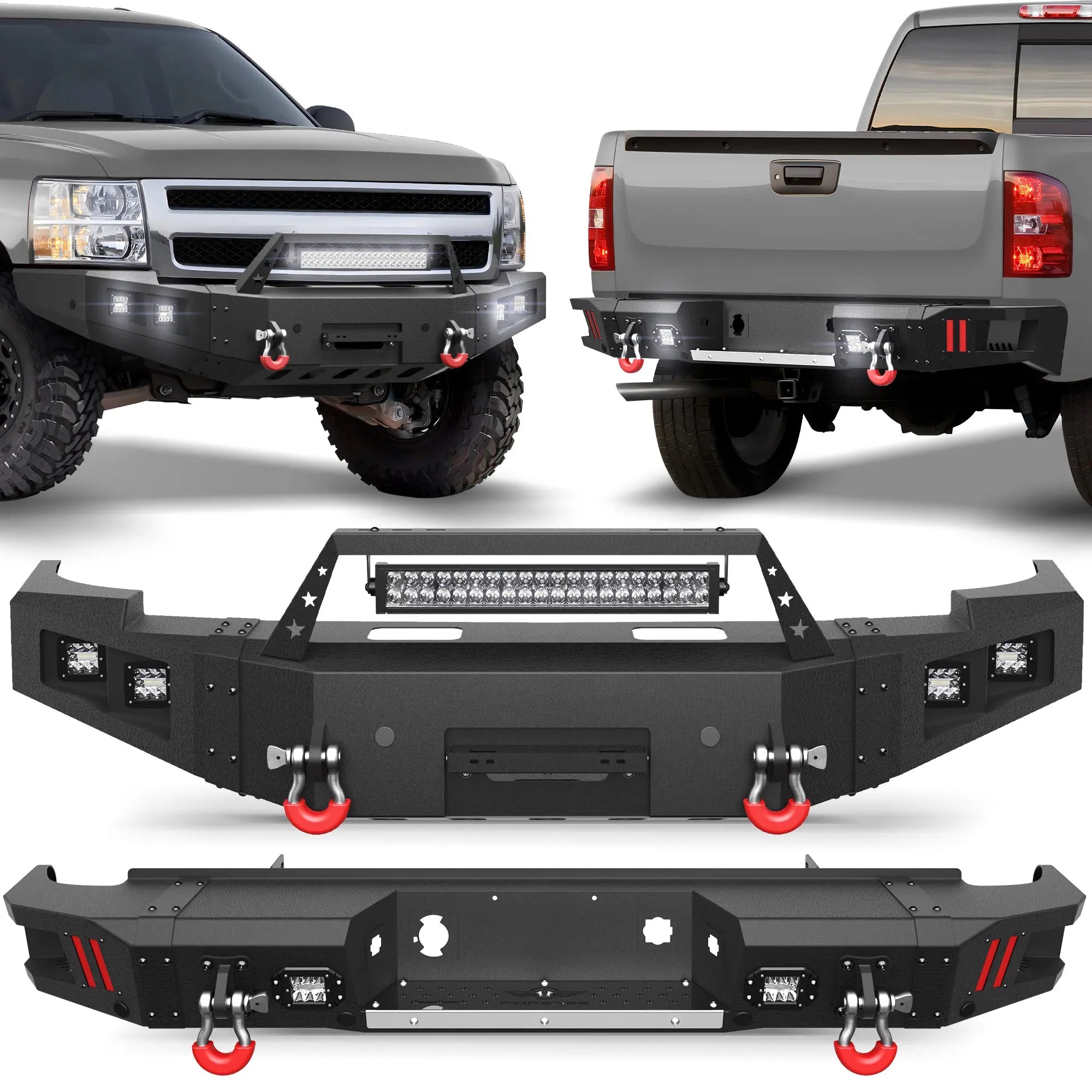 POFENZE Silverado 1500 Front Bumper and Rear Bumper Set for 2007-2013 Chevy Silverado 1500 Pickup Truck with Winch Plate - POFENZE