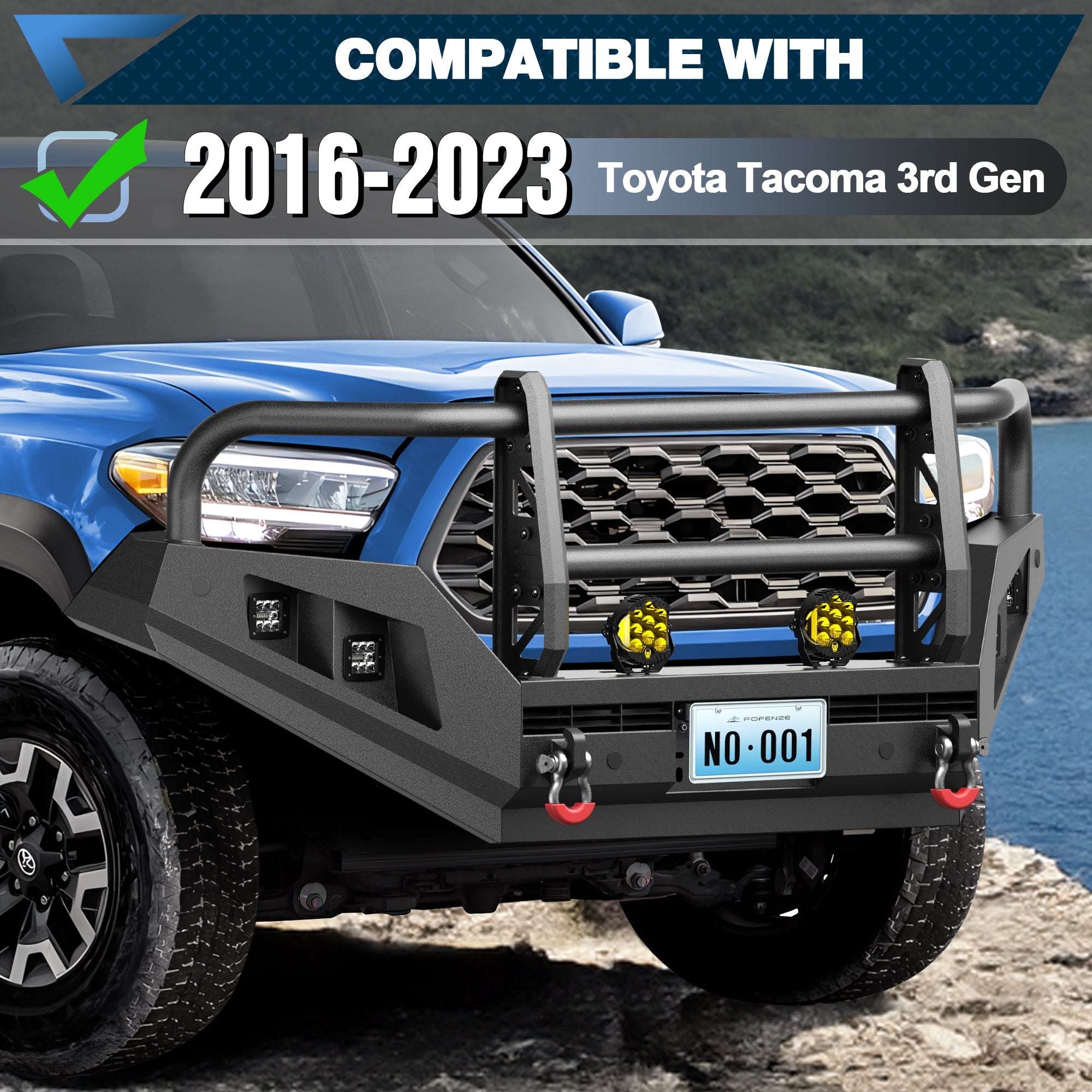 POFENZE Tacoma Front Bumper with Grille Guard for 2016-2023 Toyota Tacoma 3rd Gen POFENZE 
