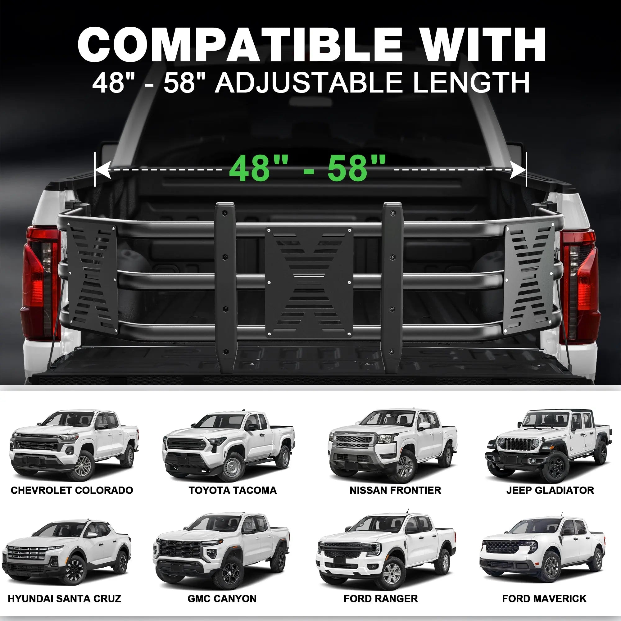 Adjustable 48”-58” Tailgate Extender Fits for Tacoma, Colorado, Ranger, Nissan Frontier