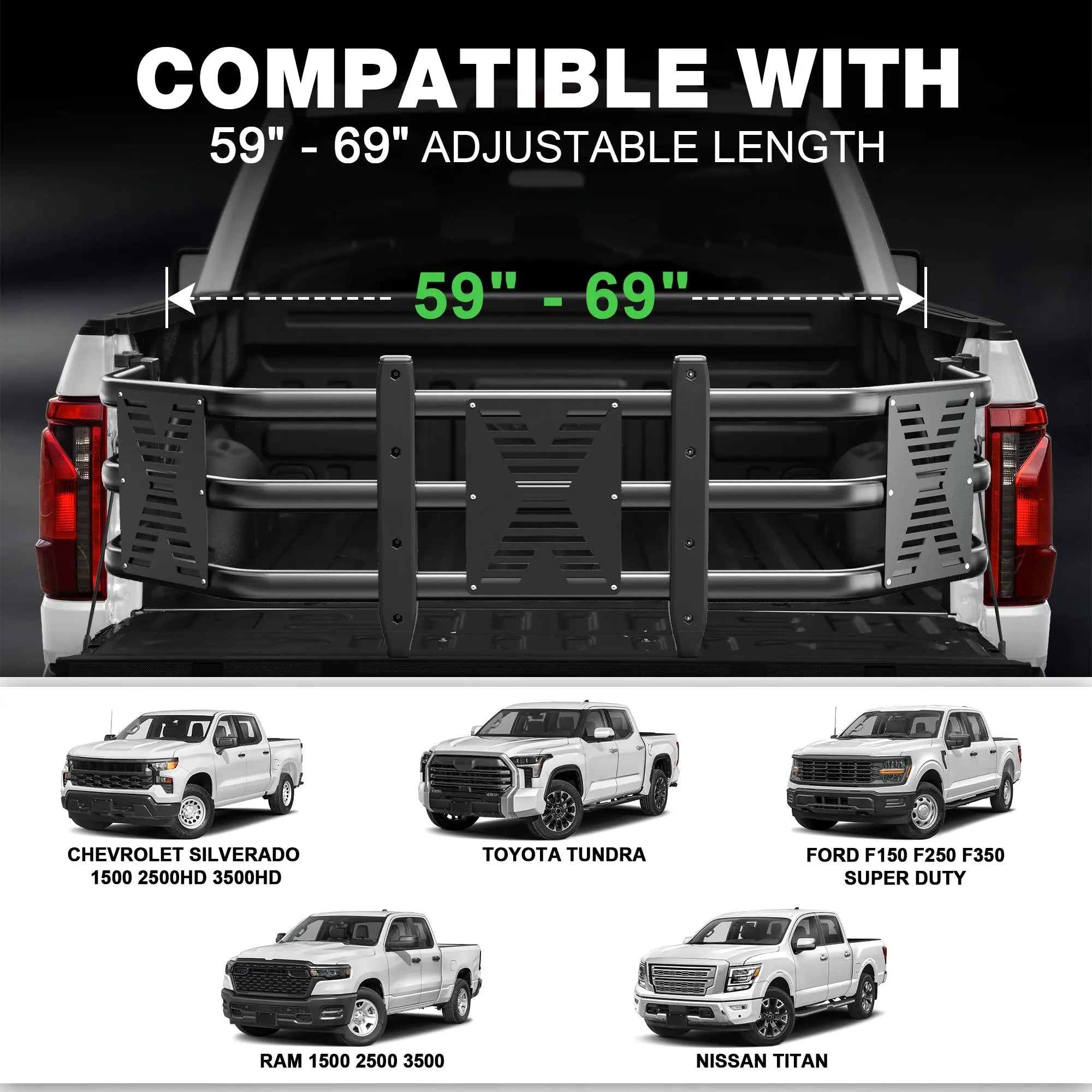 POFENZE Pickup Truck Bed Extender Adjustable 59”-69” Fits for Dodge Ram, Ford F-Series, Tundra, Chevy Silverado, Titan - POFENZE
