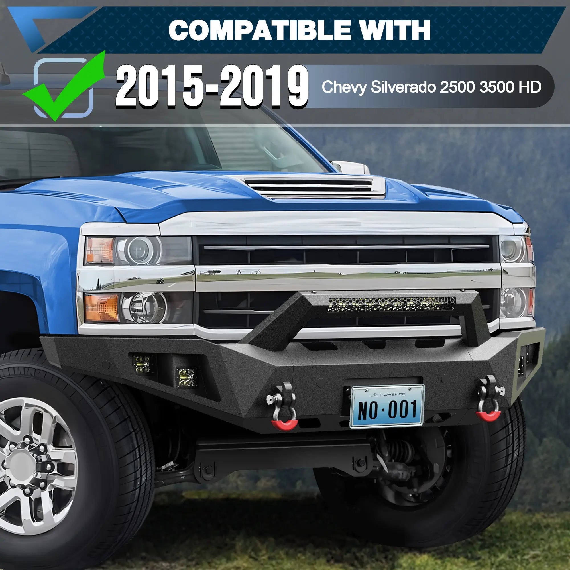 Pickup Truck Front Bumper Compatible with 2015-2019 Chevy Silverado 2500 3500 HD Off-Road Bumper Equipped with Winch Plate, Sensor Holes - POFENZE