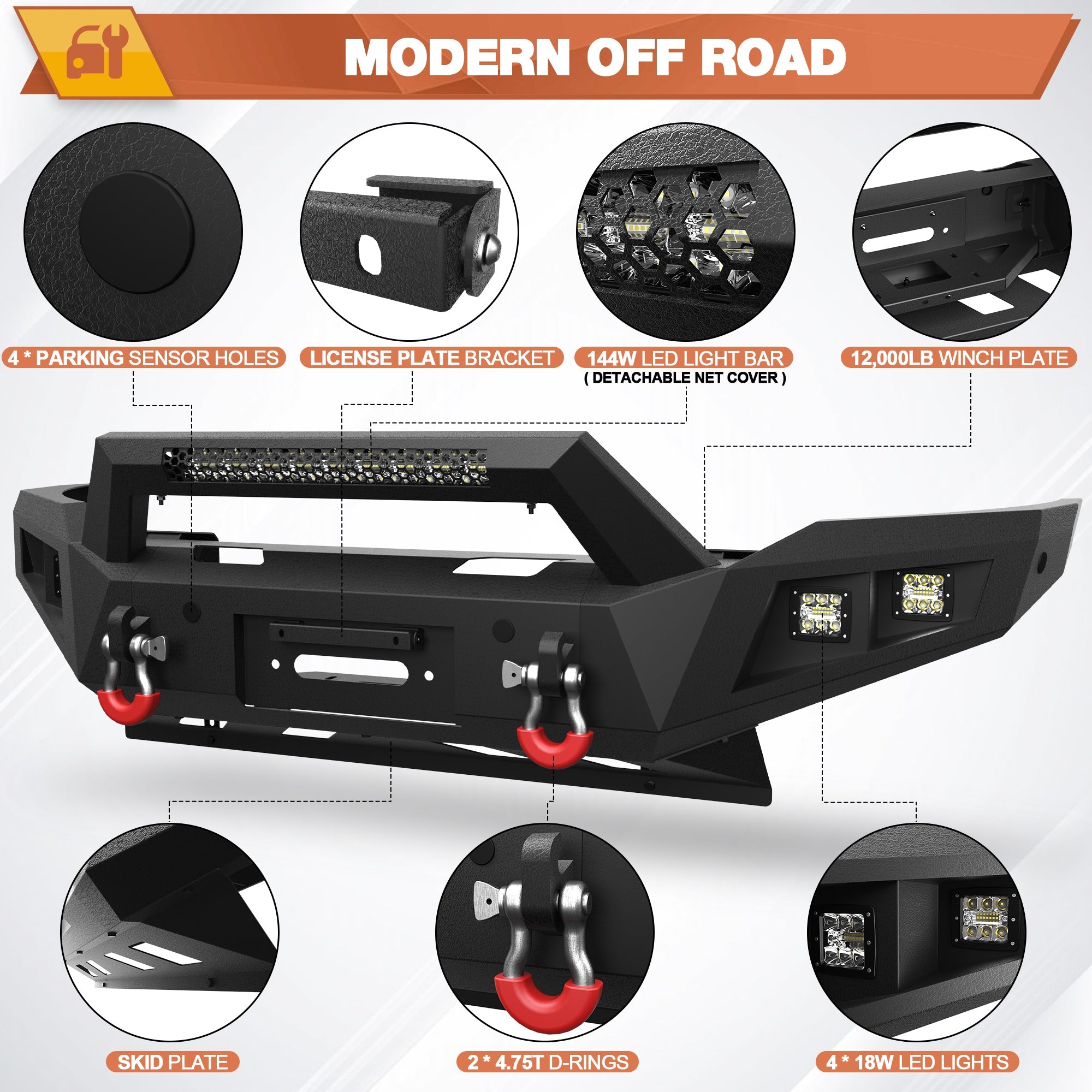 POFENZE Ram 2500 Front Bumper Feature Overview – 4 Parking Sensor Holes, License Plate Bracket, 144W LED Light Bar, 12000 lb Winch Plate, Skid Plate, 2x4.75T D-Rings, 4x18W LED Lights