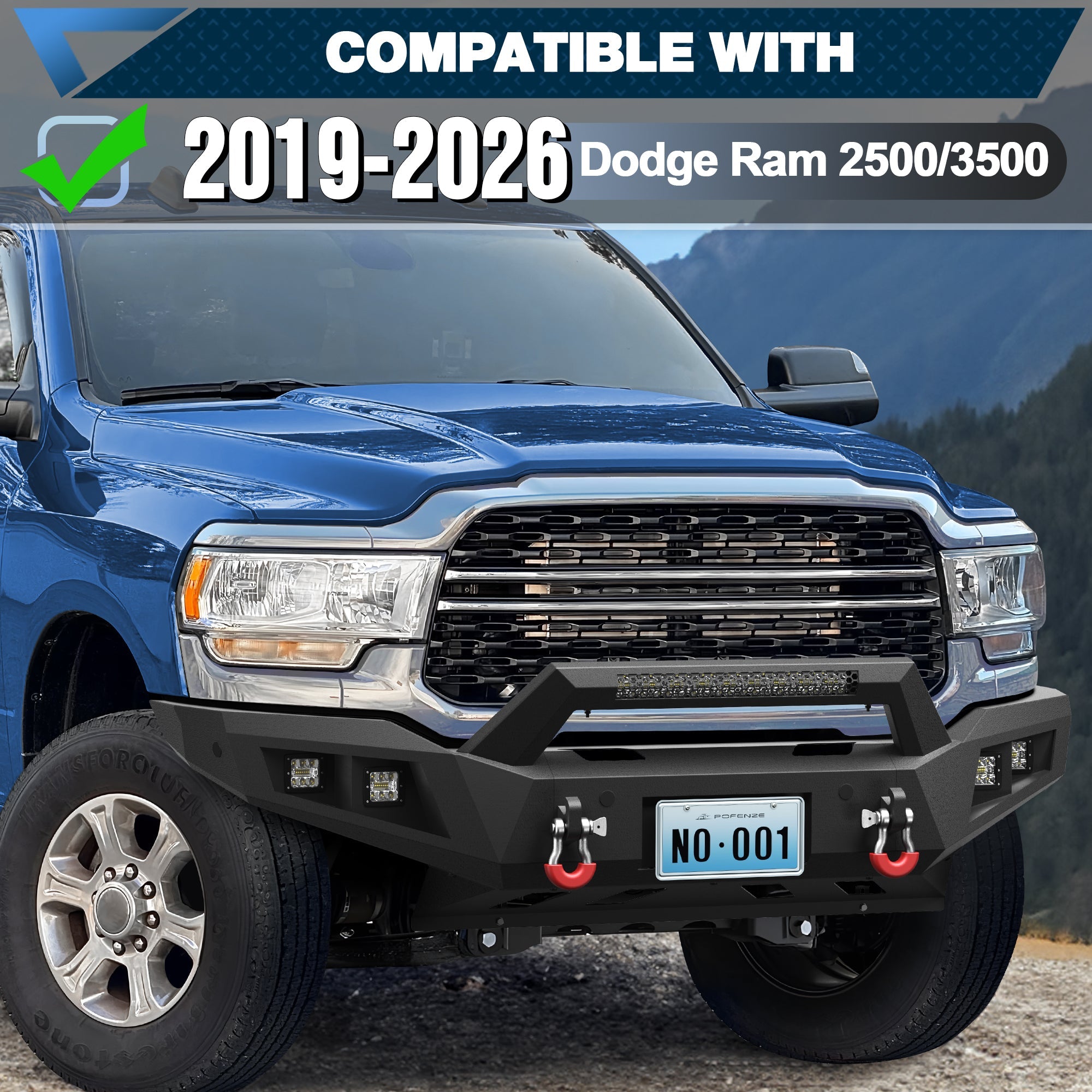 2019-2026 Ram 2500 3500 Heavy Duty Steel Front Bumper with LED Lights On – POFENZE Bolt-On Bumper with Winch Plate and D-Rings