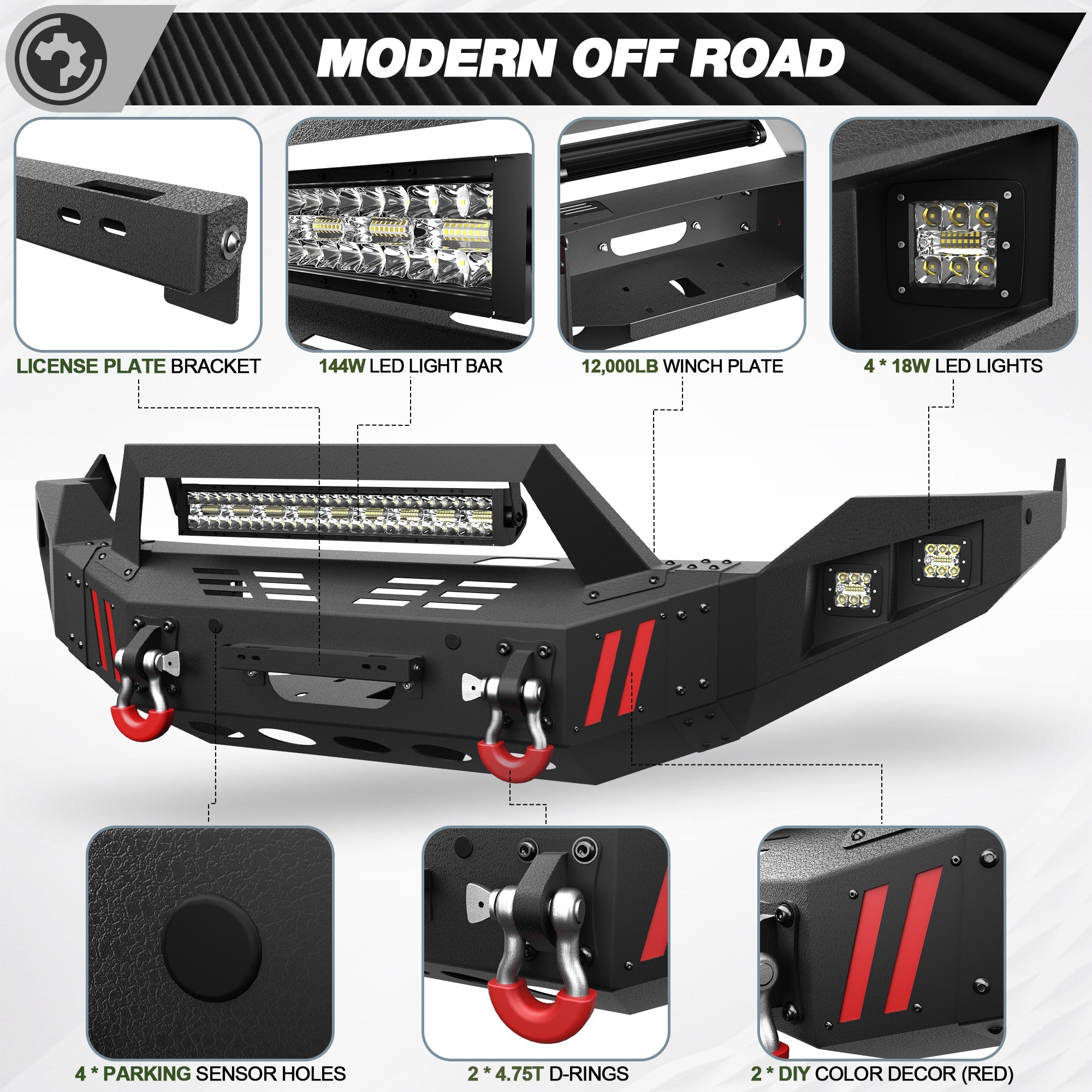 POFENZE Ram 1500 front and rear bumper combo package contents, LED lights and D-rings included