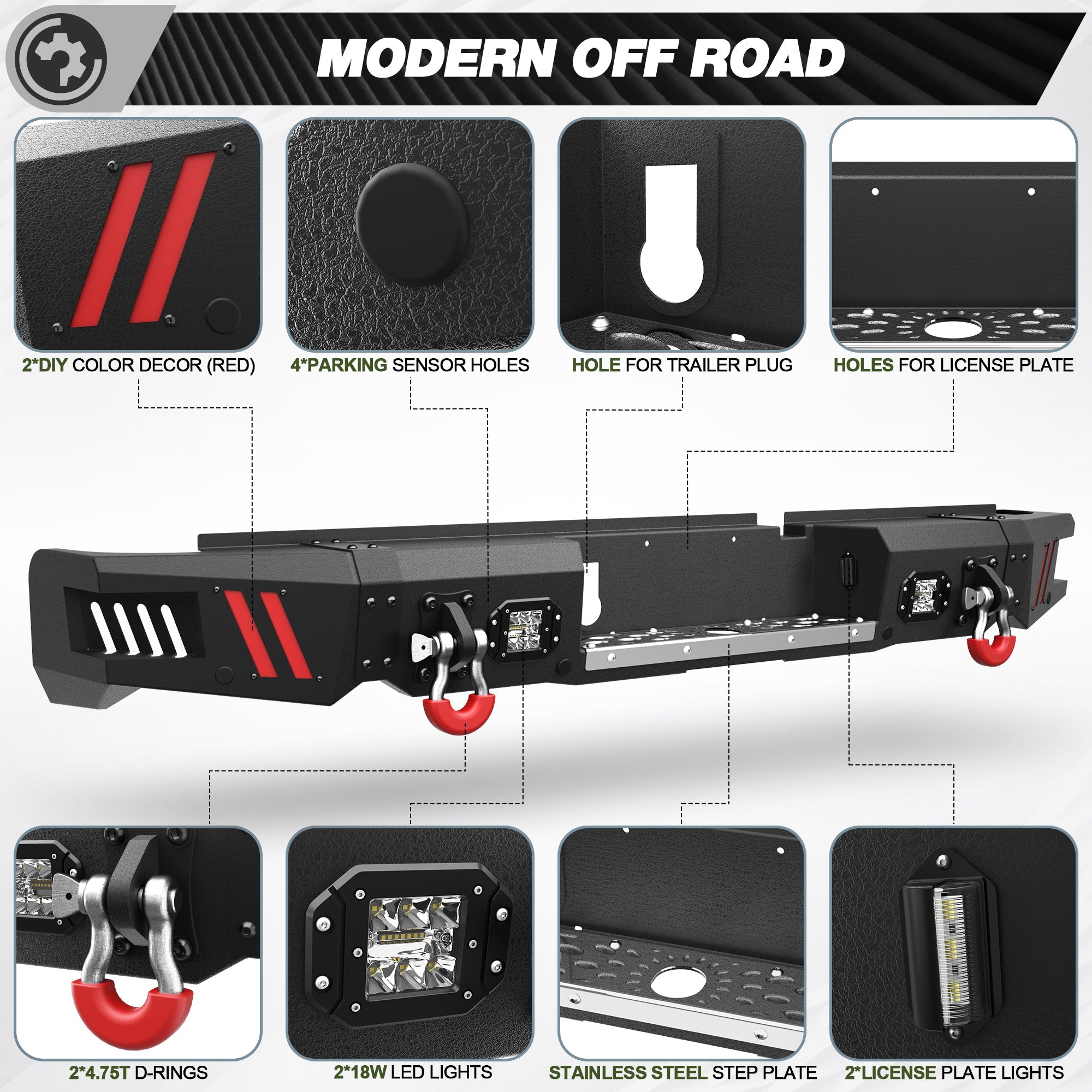 POFENZE Ram 1500 front and rear bumper combo package contents, LED lights and D-rings included