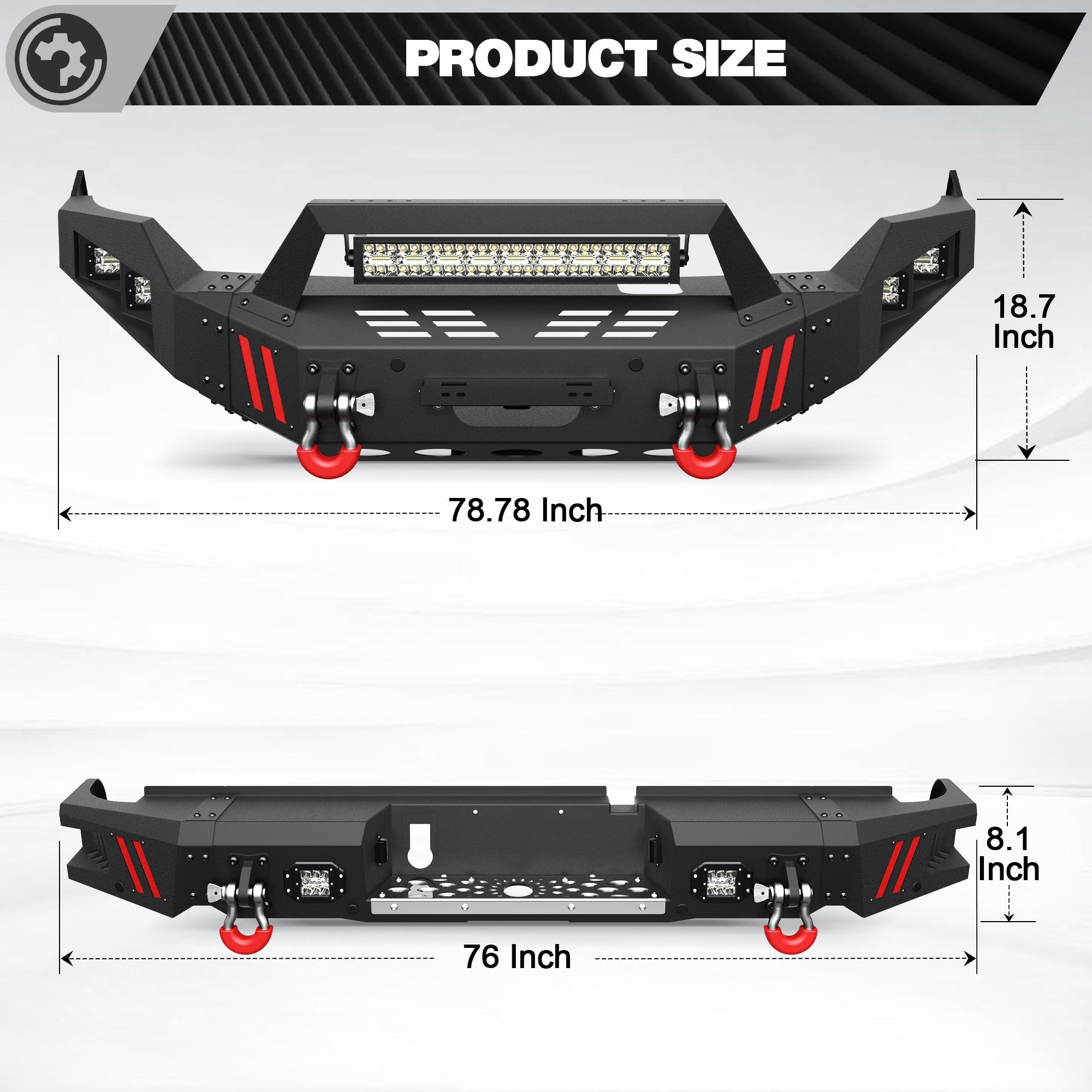 POFENZE Ram 1500 front and rear bumper combo package contents, LED lights and D-rings included