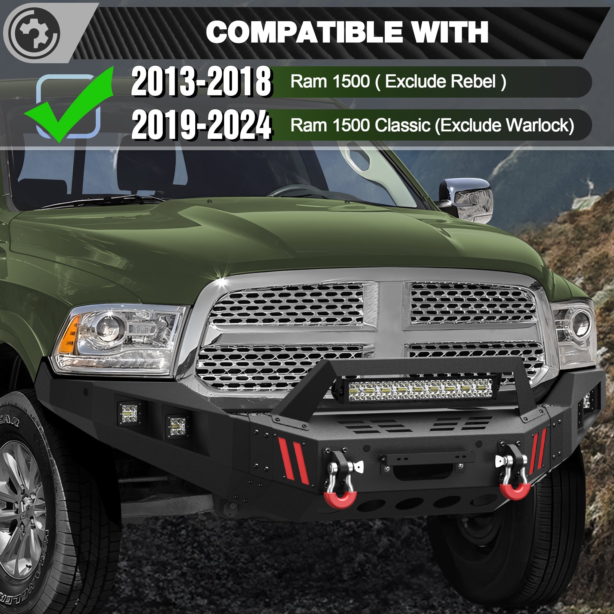 2019-2024 Ram 1500 Classic front bumper with D-rings and LED fog lights, off-road ready