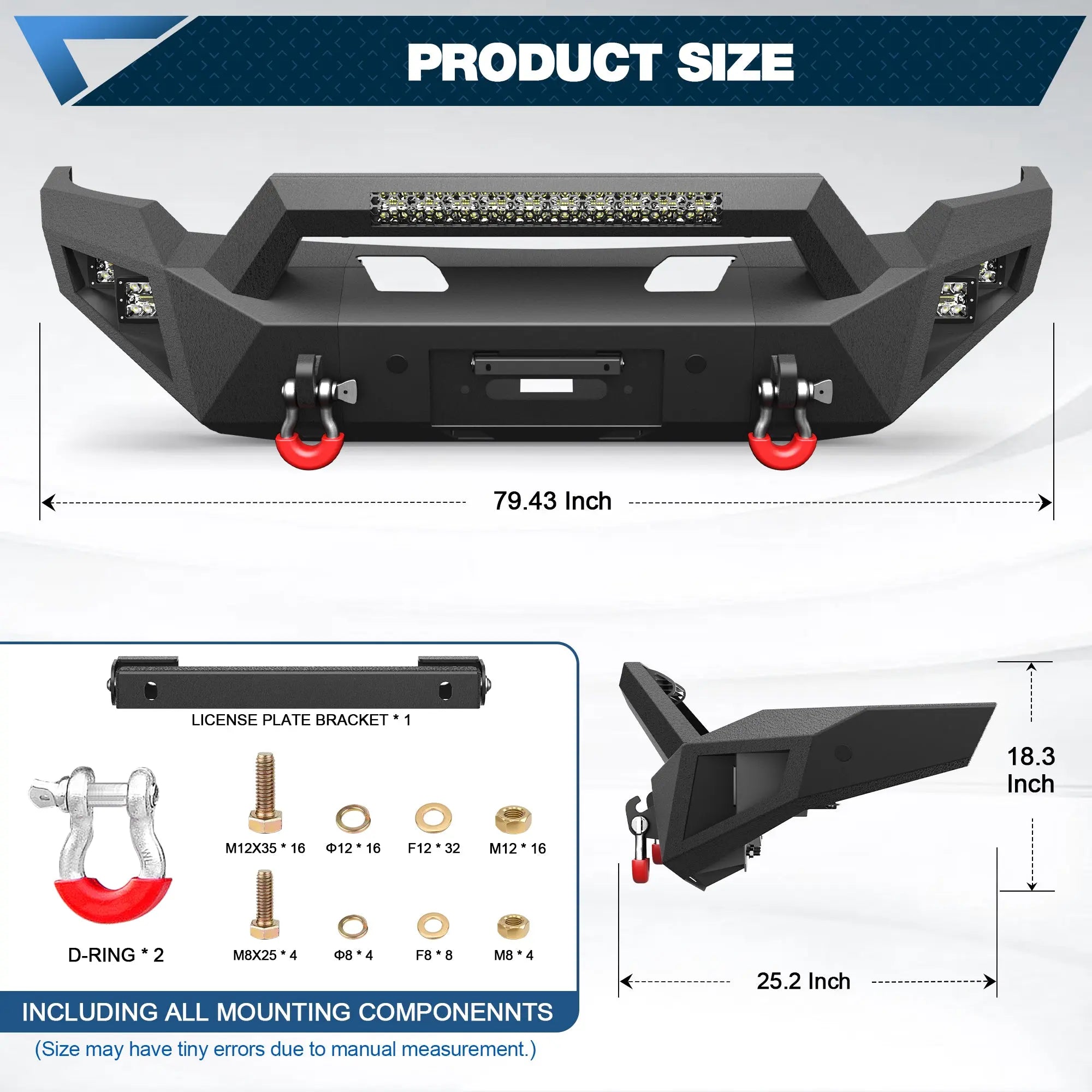 Ram 1500 Front Bumper for 2006-2008 Ram 1500 Pickup, w/Winch Plate, LED Lights, D-rings and License Plate Bracket POFENZE