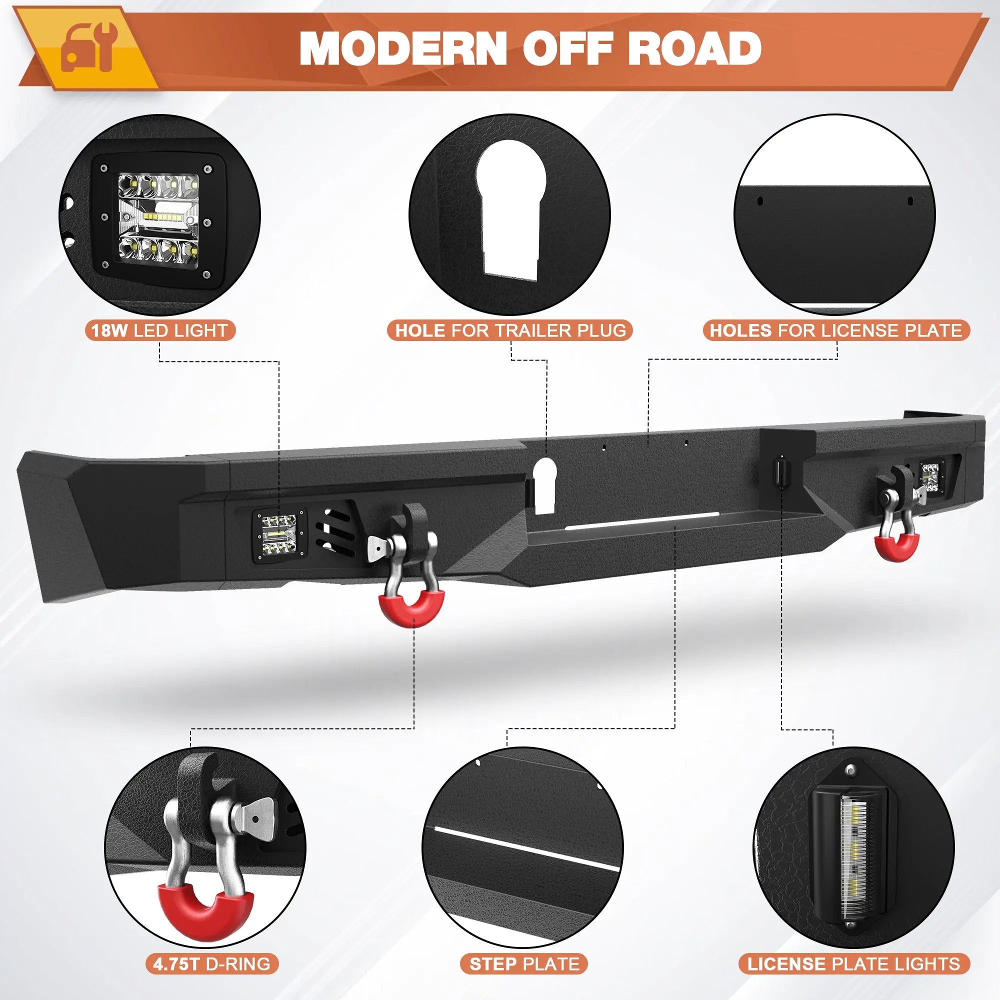 Ram 1500 Rear Bumper for 2009-2018 Ram 1500 Pickup and 2019-2025 Ram 1500 Classic Only, w/Step Plate, Fog Lights, License Plate Lights and D-rings POFENZE