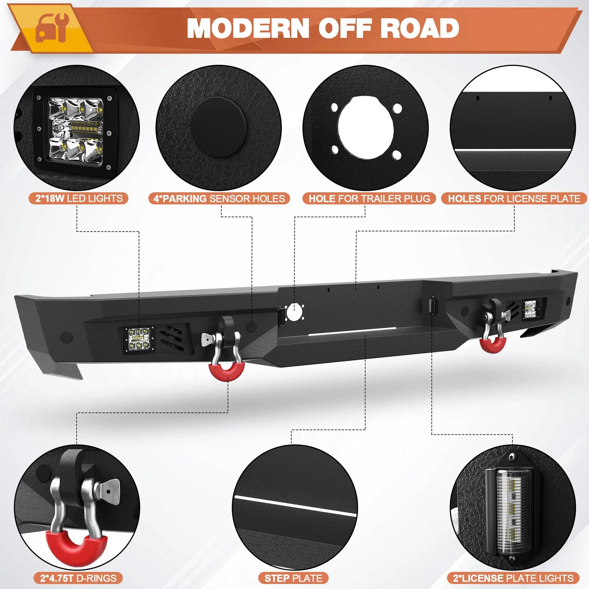 Ram Rear Bumper Full Width Offroad Bumper w/Step Plate, 2x18w Lights, D-rings, License Plate Lights for 2002-2008 Dodge Ram 1500 and 2003-2009 Dodge Ram 2500/3500 Pickup Trucks POFENZE