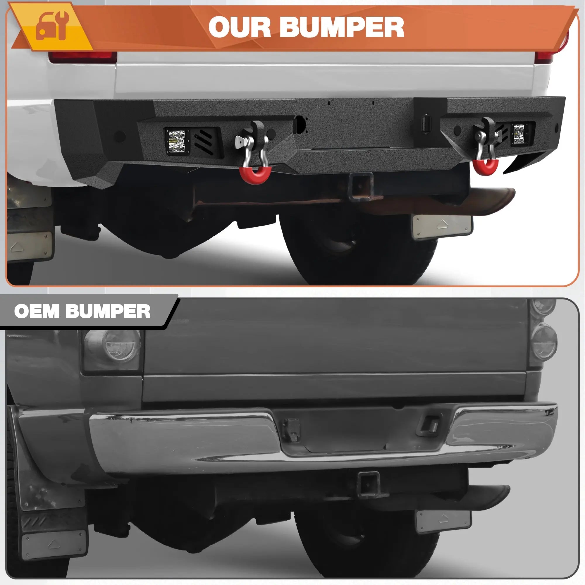 Ram Rear Bumper Full Width Offroad Bumper w/Step Plate, 2x18w Lights, D-rings, License Plate Lights for 2002-2008 Dodge Ram 1500 and 2003-2009 Dodge Ram 2500/3500 Pickup Trucks POFENZE