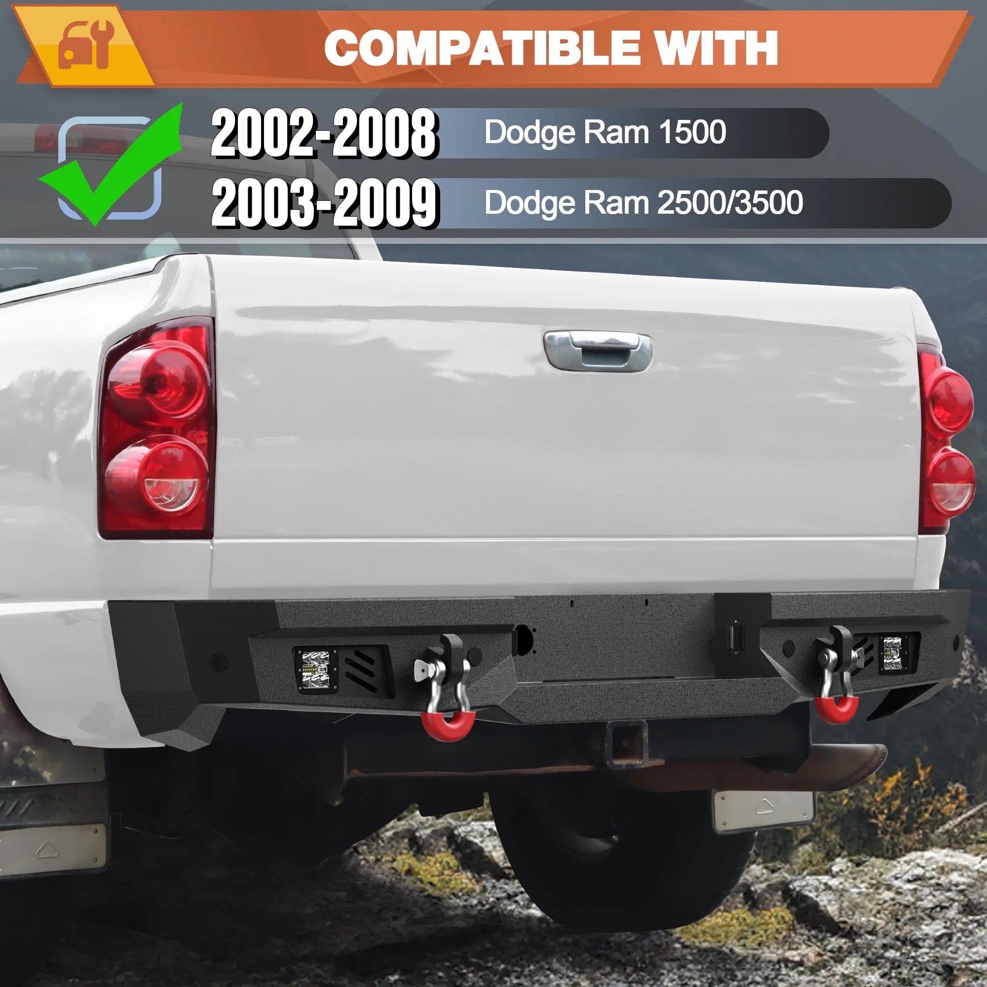 Ram Rear Bumper Full Width Offroad Bumper w/Step Plate, 2x18w Lights, D-rings, License Plate Lights for 2002-2008 Dodge Ram 1500 and 2003-2009 Dodge Ram 2500/3500 Pickup Trucks POFENZE