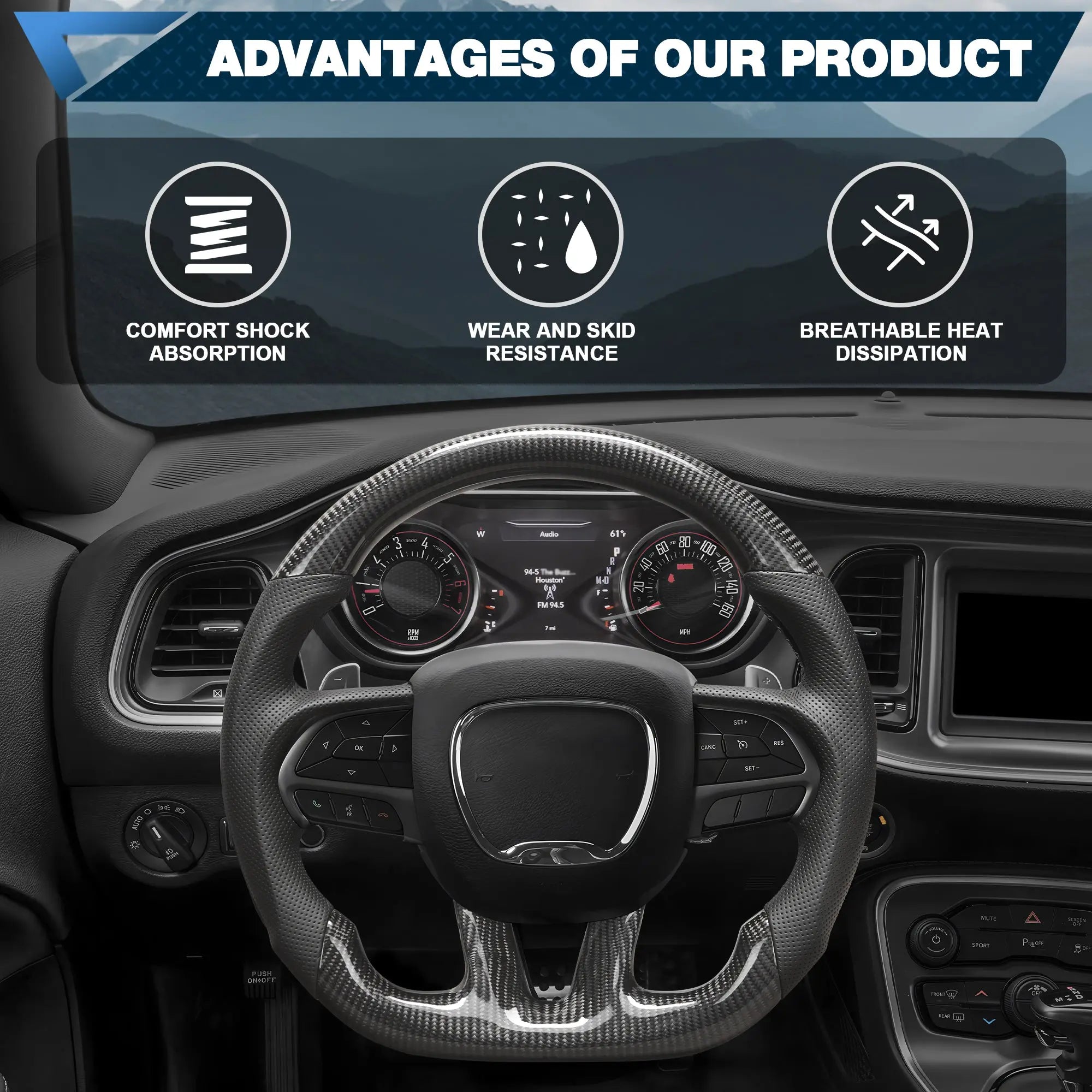 Real Carbon Fiber Steering Wheel For Dodge Challenger 2015-2020 D-shaped Flat-bottom Nappa Perforated Leather Steering Wheel Grip Hand-Stitched POFENZE