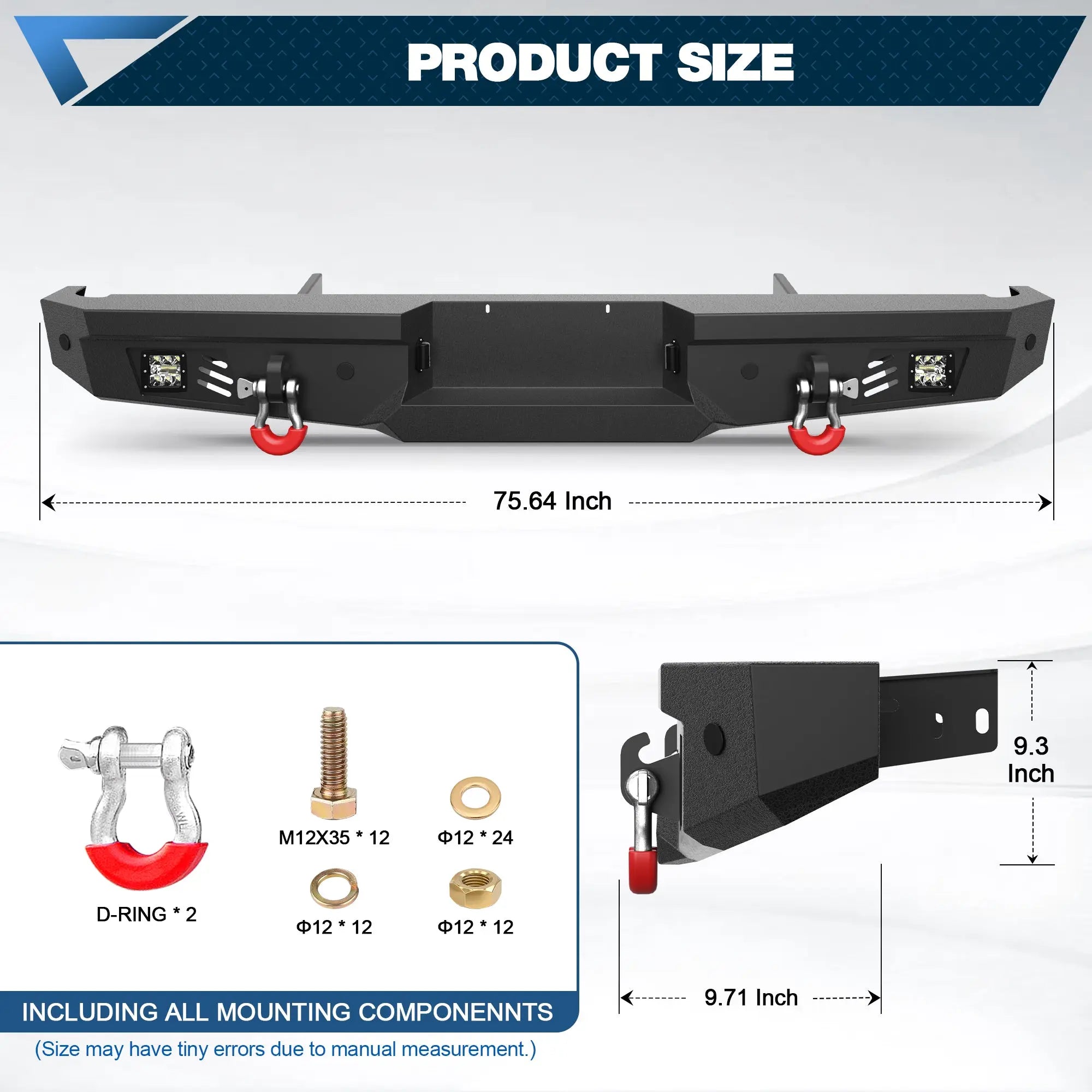 Rear Bumper for 1992-1997 F150 Full Width Offroad Bumper w/Step Plate, 2x18w Lights, D-rings, License Plate Lights for 1992-1997 Ford F150 F250 F350 Pickup Trucks POFENZE