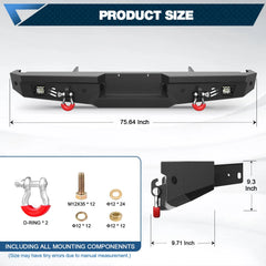 Rear Bumper for 1992-1997 F150 Full Width Offroad Bumper w/Step Plate, 2x18w Lights, D-rings, License Plate Lights for 1992-1997 Ford F150 F250 F350 Pickup Trucks POFENZE
