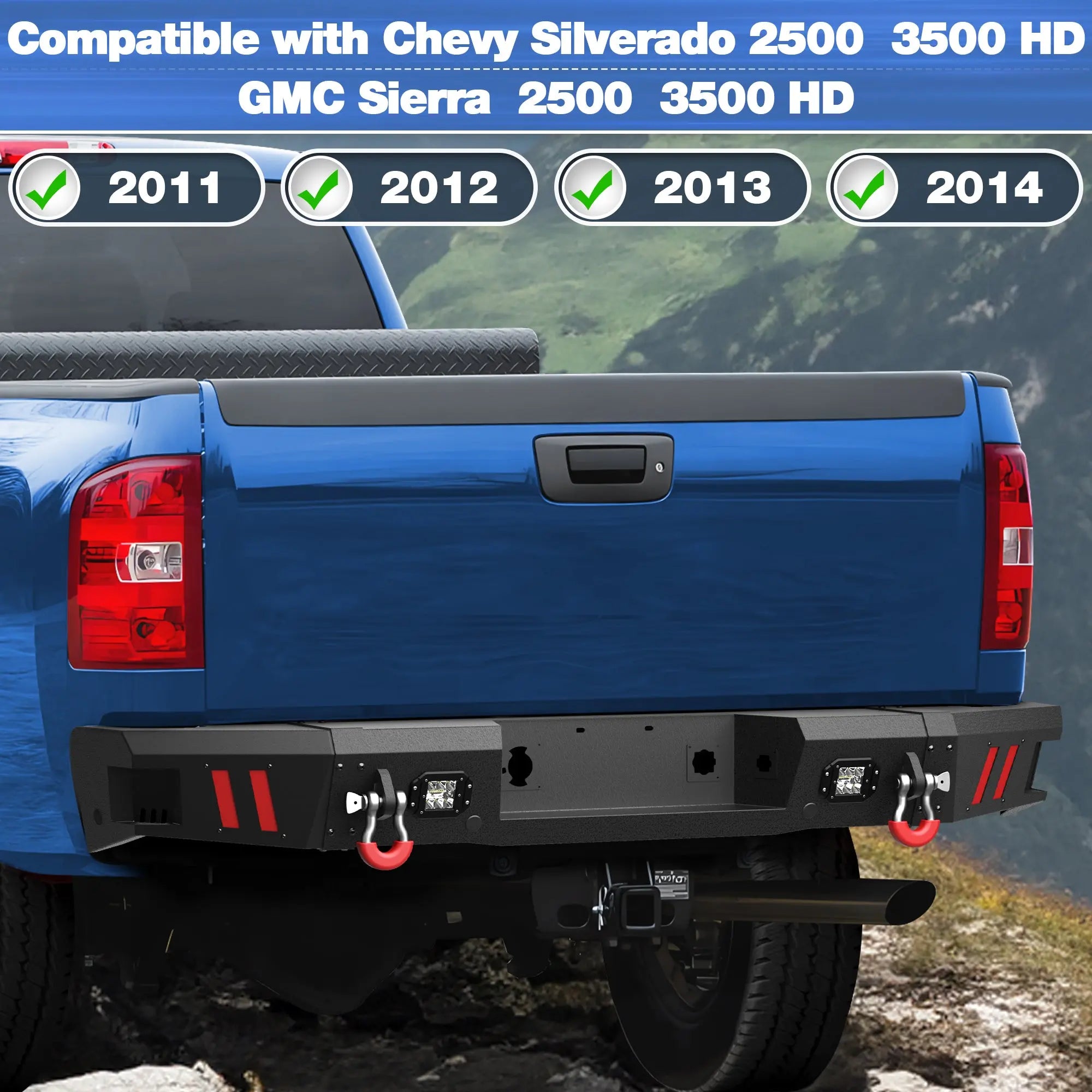 Rear Bumper for 2011-2014 Chevy Silverado/GMC Sierra 2500/3500 Full Width Offroad Bumper w/Step Plate, 2x18w Lights, D-rings for 2011-2014 Chevy Silverado and GMC Sierra 2500/3500 Trucks POFENZE