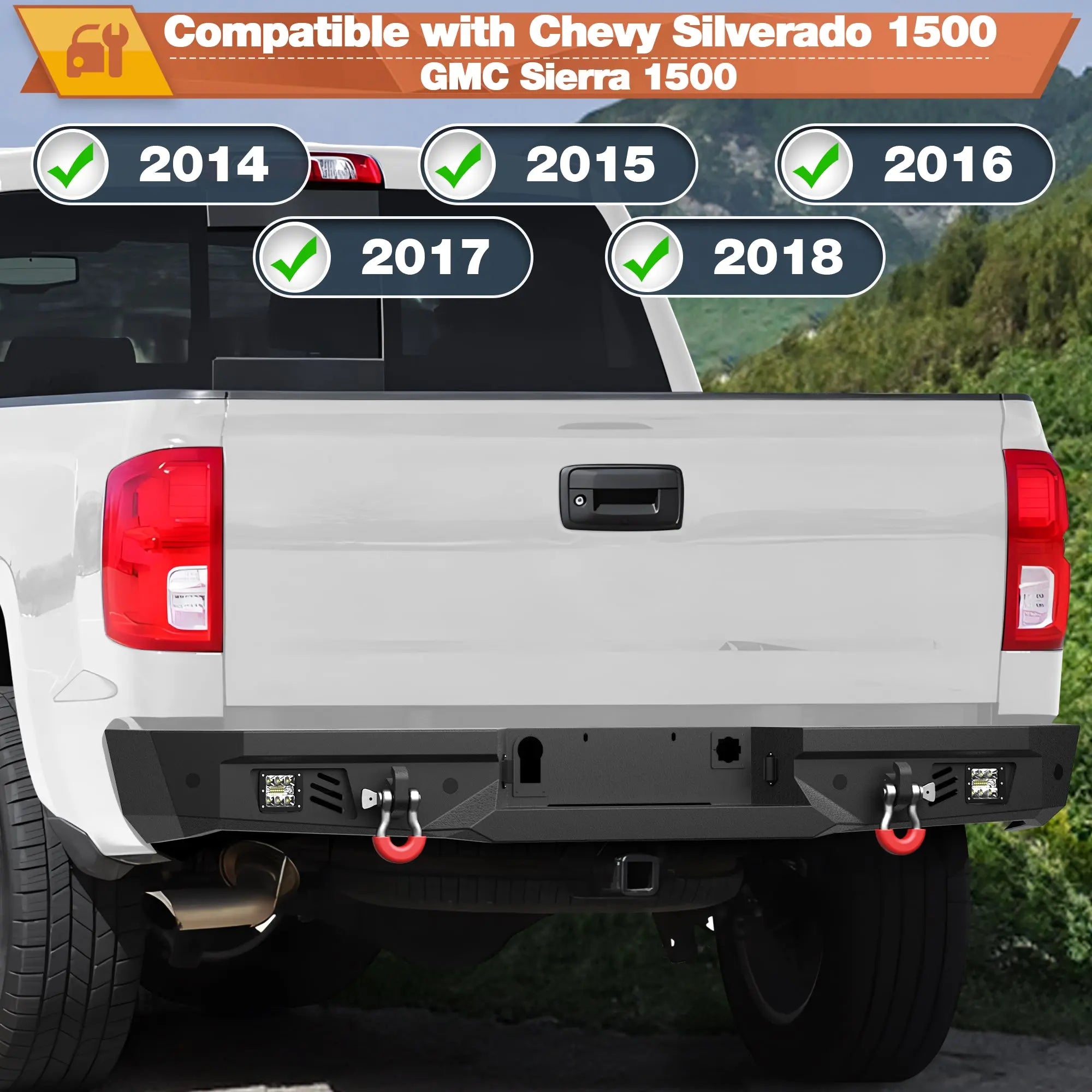 Rear Bumper for 2014 2015 2016 2017 2018 Chevy Silverado 1500 / GMC Sierra 1500 Pickup, Include LED Lights, License Plate Lights and D-rings POFENZE