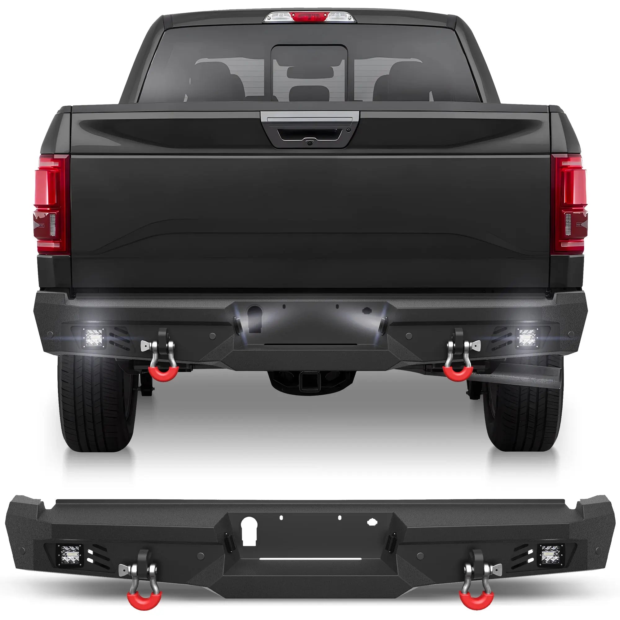 Rear Bumper for 2015-2023 Ford F150 Pickup, w/Step Plate, Fog Lights, License Plate Lights and D-rings (Excluding Raptor & Ecoboost) POFENZE