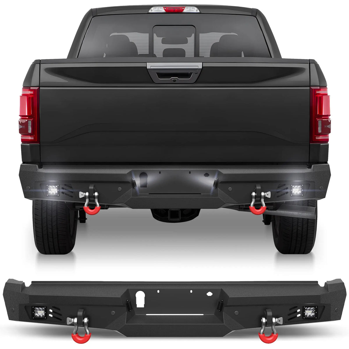 Rear Bumper for 2015-2023 Ford F150 Pickup, w/Step Plate, Fog Lights, License Plate Lights and D-rings (Excluding Raptor & Ecoboost) POFENZE