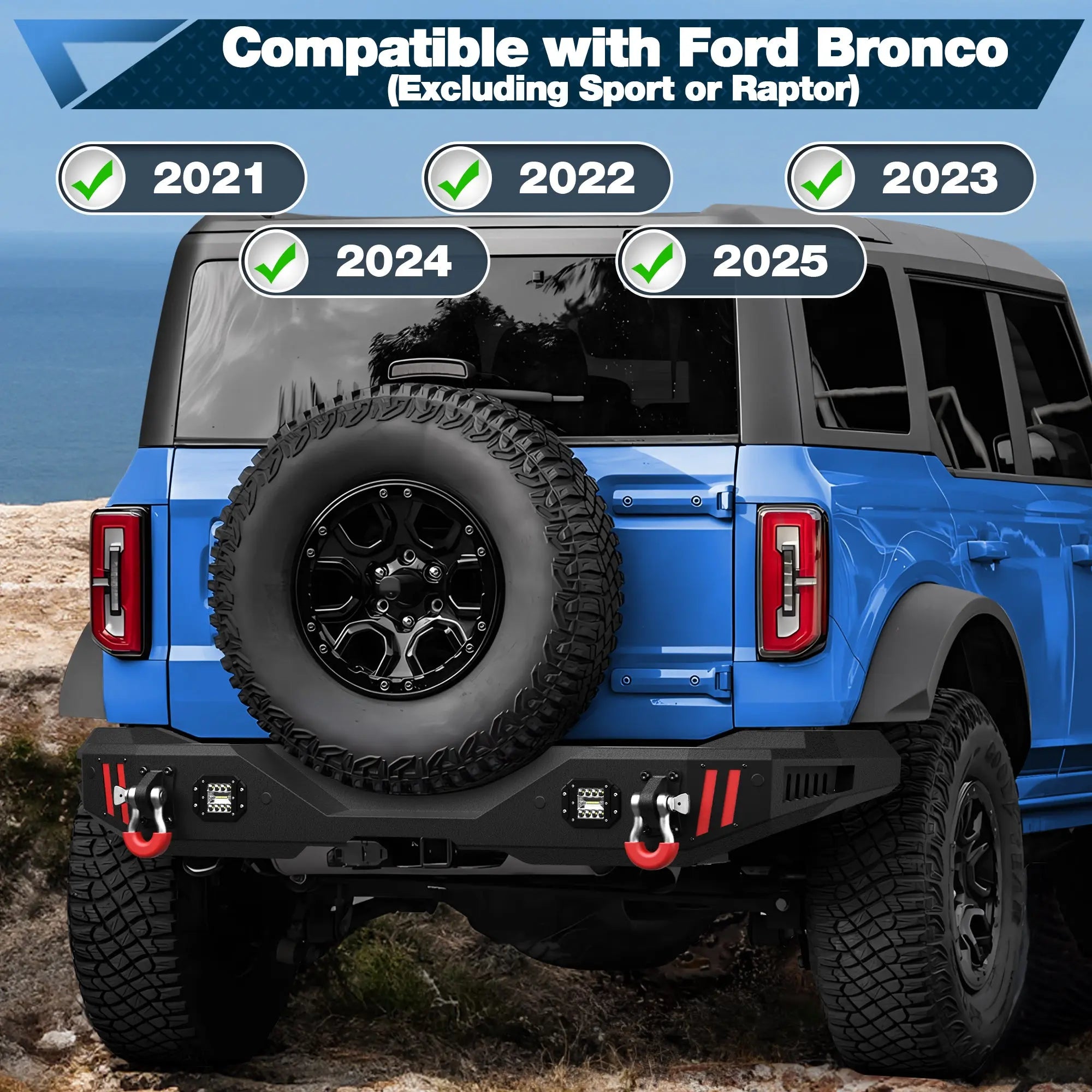 Rear Bumper for 2021 2022 2023 2024 2025 Ford Bronco Textured Black Pickup Truck Bumper with Step Plate, Lights & D-rings POFENZE