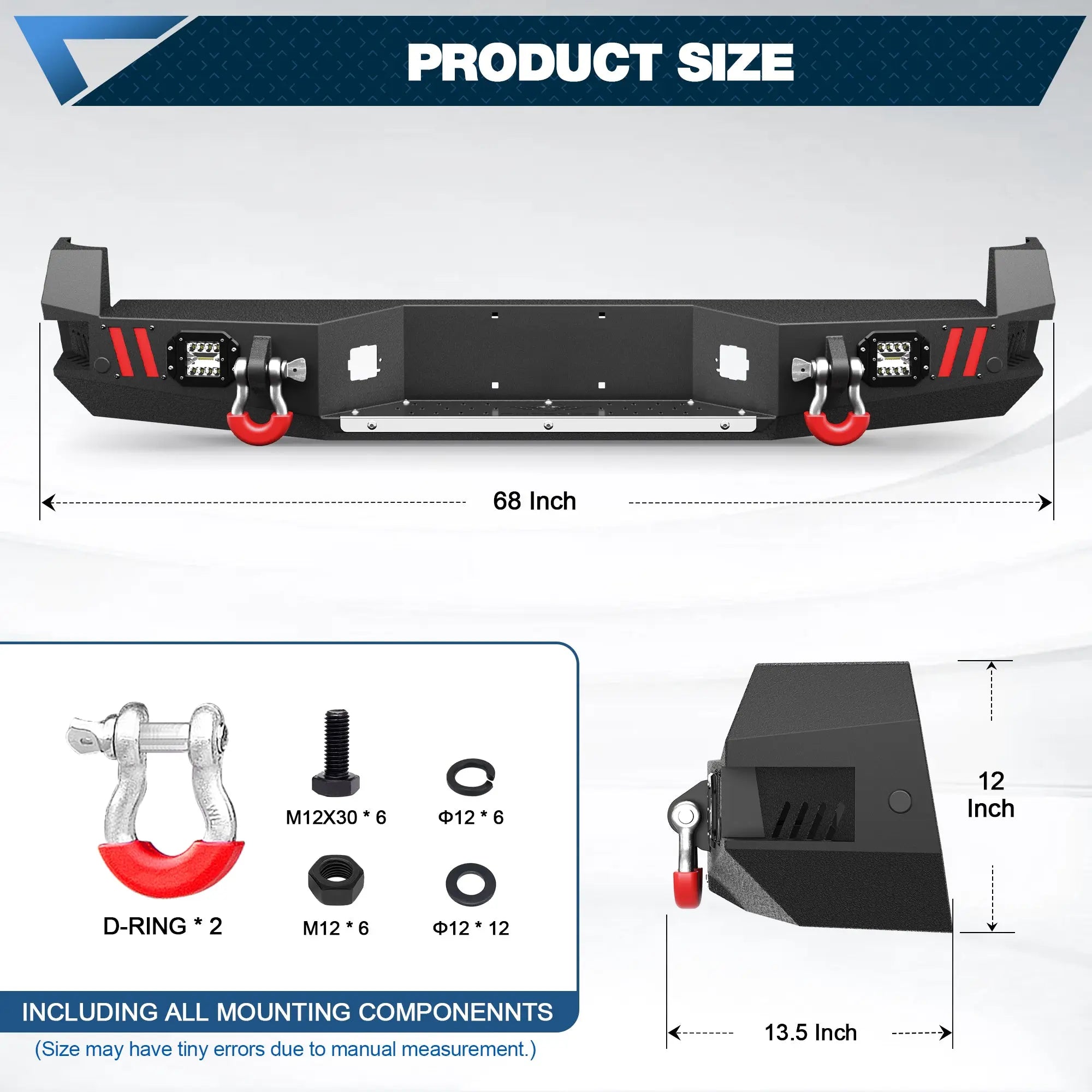 Rear Bumper w/D-rings, LED Lights, Sensor Holes, Stainless Steel Step Plate, Back Bumper for Tacoma 2nd Gen 2005 2006 2007 2008 2009 2010 2011 2012 2013 2014 2015 POFENZE