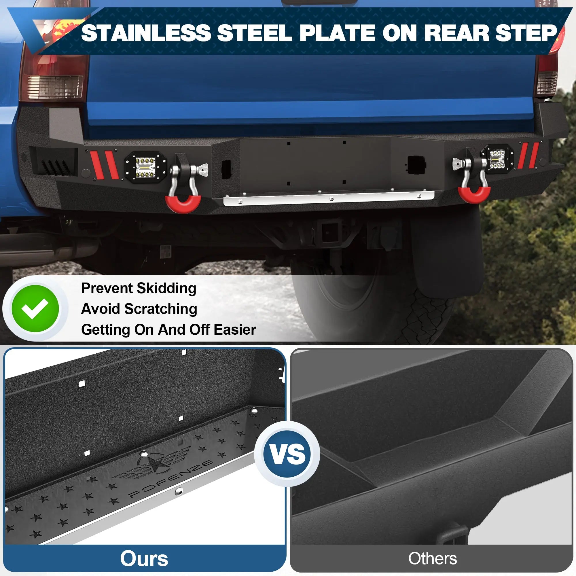 Rear Bumper w/D-rings, LED Lights, Sensor Holes, Stainless Steel Step Plate, Back Bumper for Tacoma 2nd Gen 2005 2006 2007 2008 2009 2010 2011 2012 2013 2014 2015 POFENZE