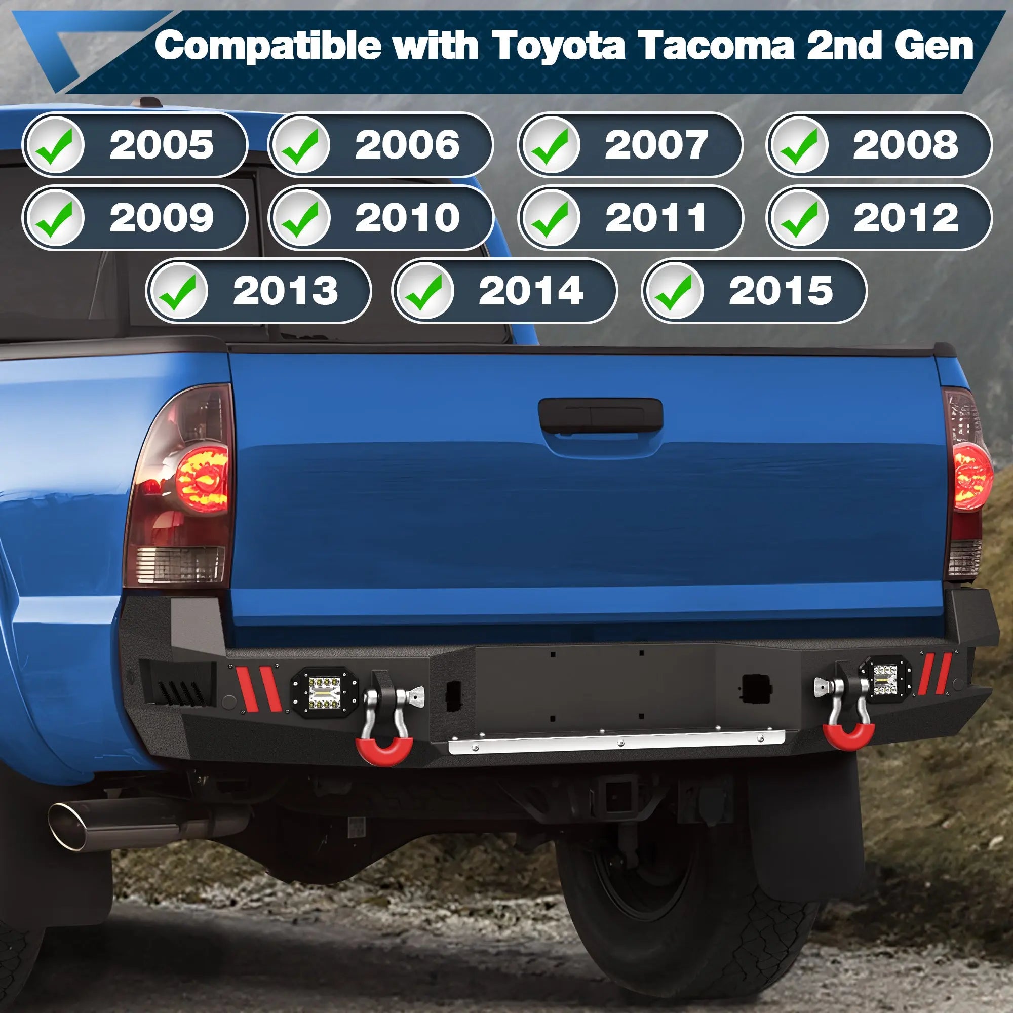 Rear Bumper w/D-rings, LED Lights, Sensor Holes, Stainless Steel Step Plate, Back Bumper for Tacoma 2nd Gen 2005 2006 2007 2008 2009 2010 2011 2012 2013 2014 2015 POFENZE