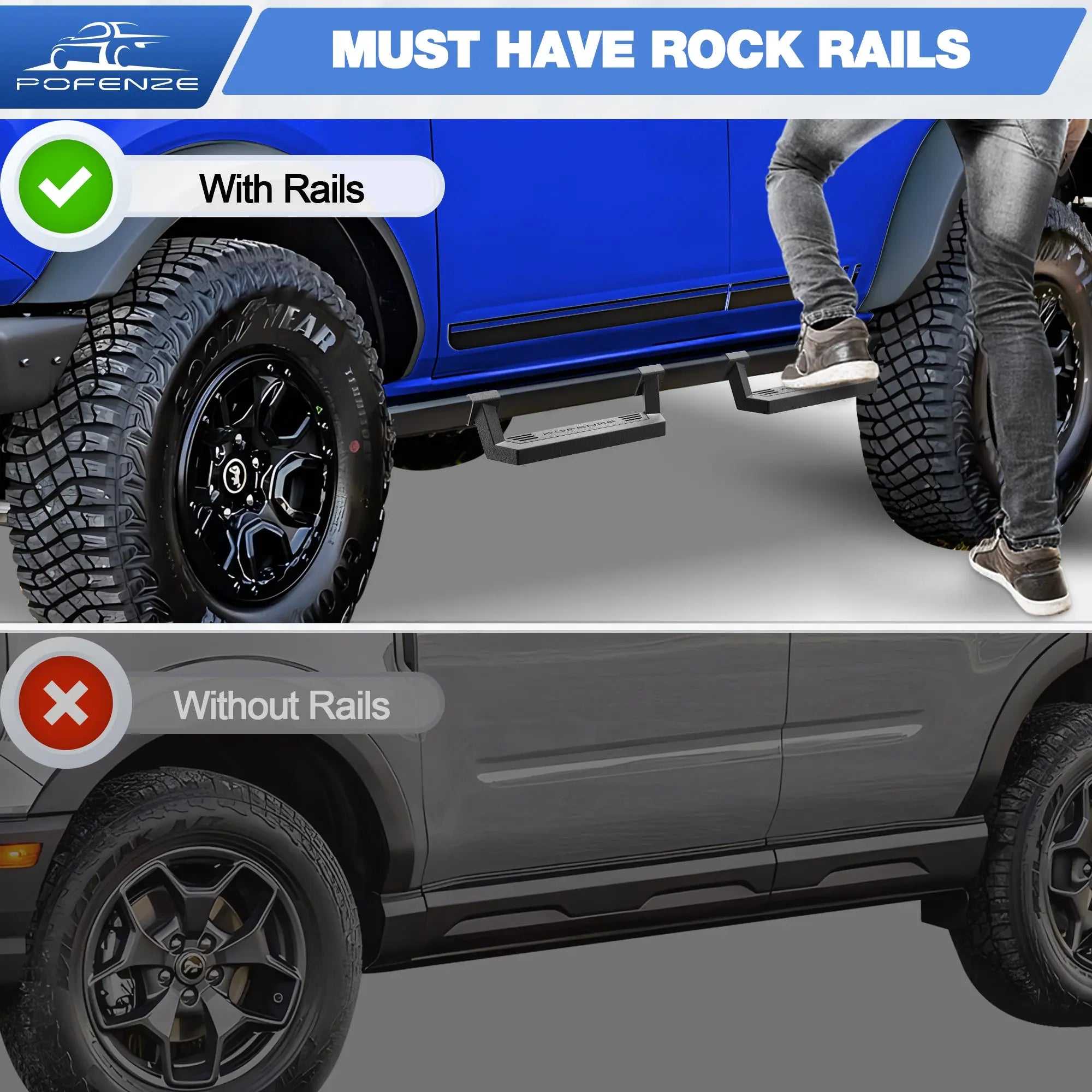 Running Boards Side Steps Ford Bronco 2021 2022 2023 2024 2025 4-Door with Original Rock Rails Removable Heavy-Duty Steel Side Bars Step Plates POFENZE