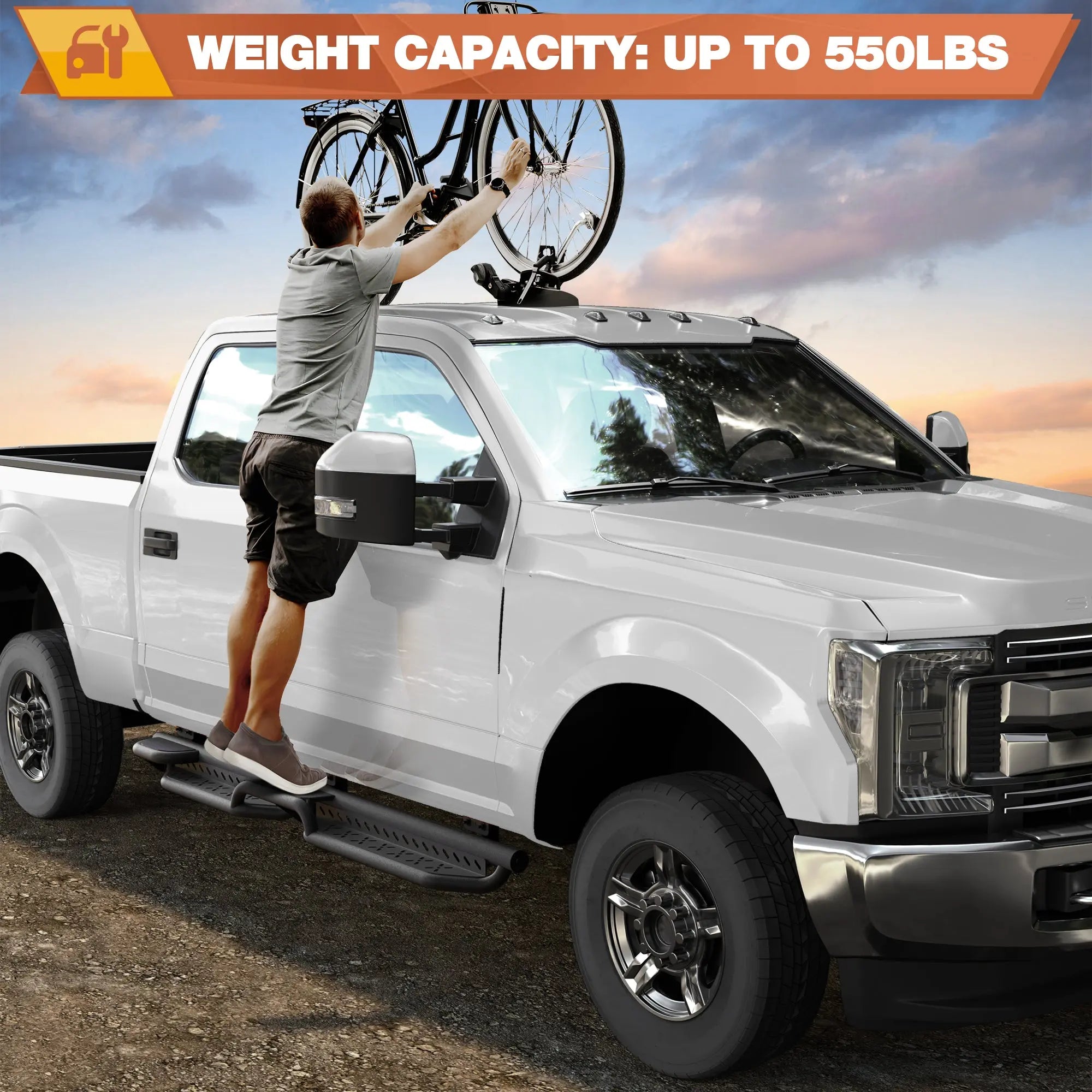 Running Boards Side Steps Two Raised Step Compatible for 1999-2016 Ford F250 SuperCrew (4 Door), 2 Stairs Side Step Rails Coated Black Carbon Steel Nerf Bars POFENZE