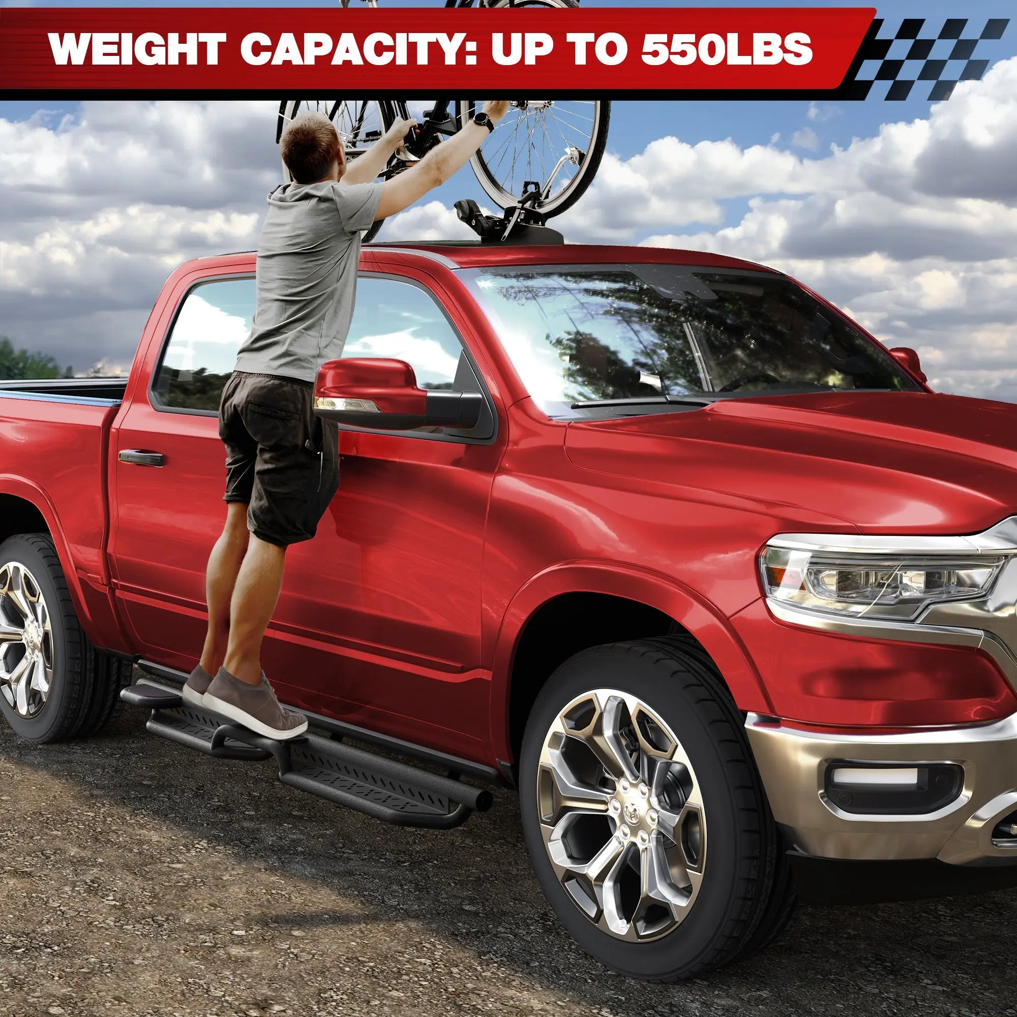 Running Boards Side Steps Two Raised Step Compatible with 2019-2025 Dodge Ram 1500 Crew Cab (4 Doors ONLY) POFENZE