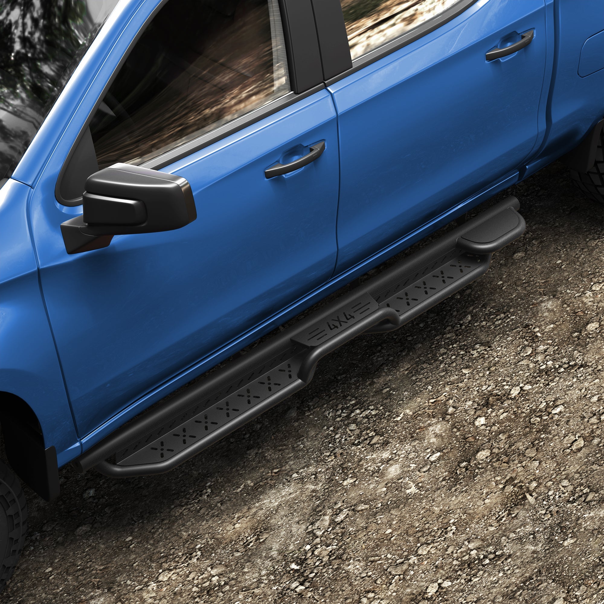 Black Side Steps Installed on 2019-2025 Chevy Silverado 1500 Crew Cab – POFENZE Running Boards Side View