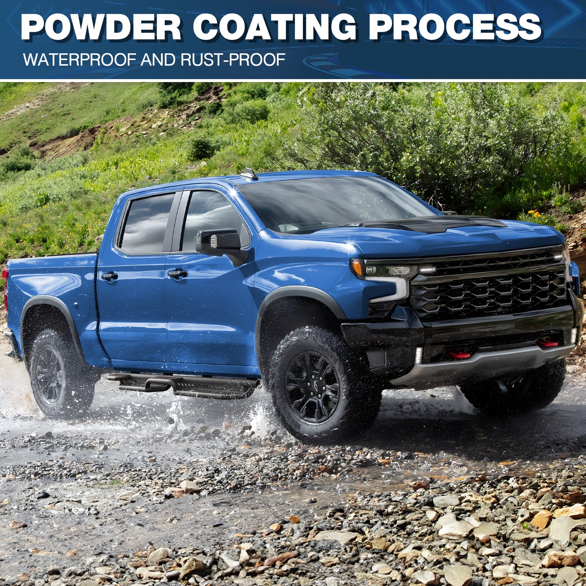 Powder Coating Process Waterproof & Rust-Proof Running Boards on Blue Chevy Silverado – POFENZE Side Steps 2019-2025