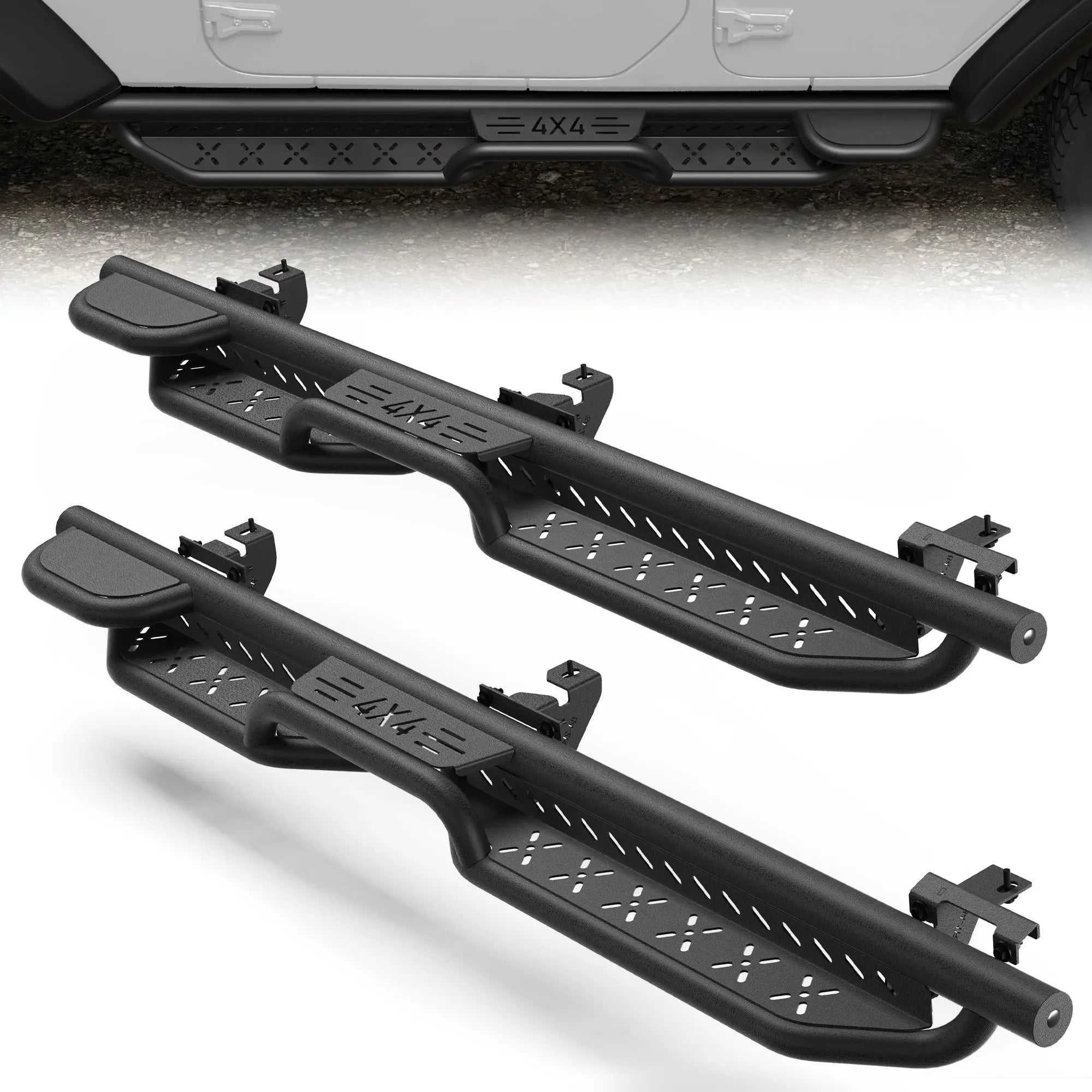 Running Boards Side Steps for Jeep Wrangler JL Unlimited (4-Door) - 2 Stairs Black Powder Coated Nerf Bars, Carbon Steel Side Step Rails POFENZE