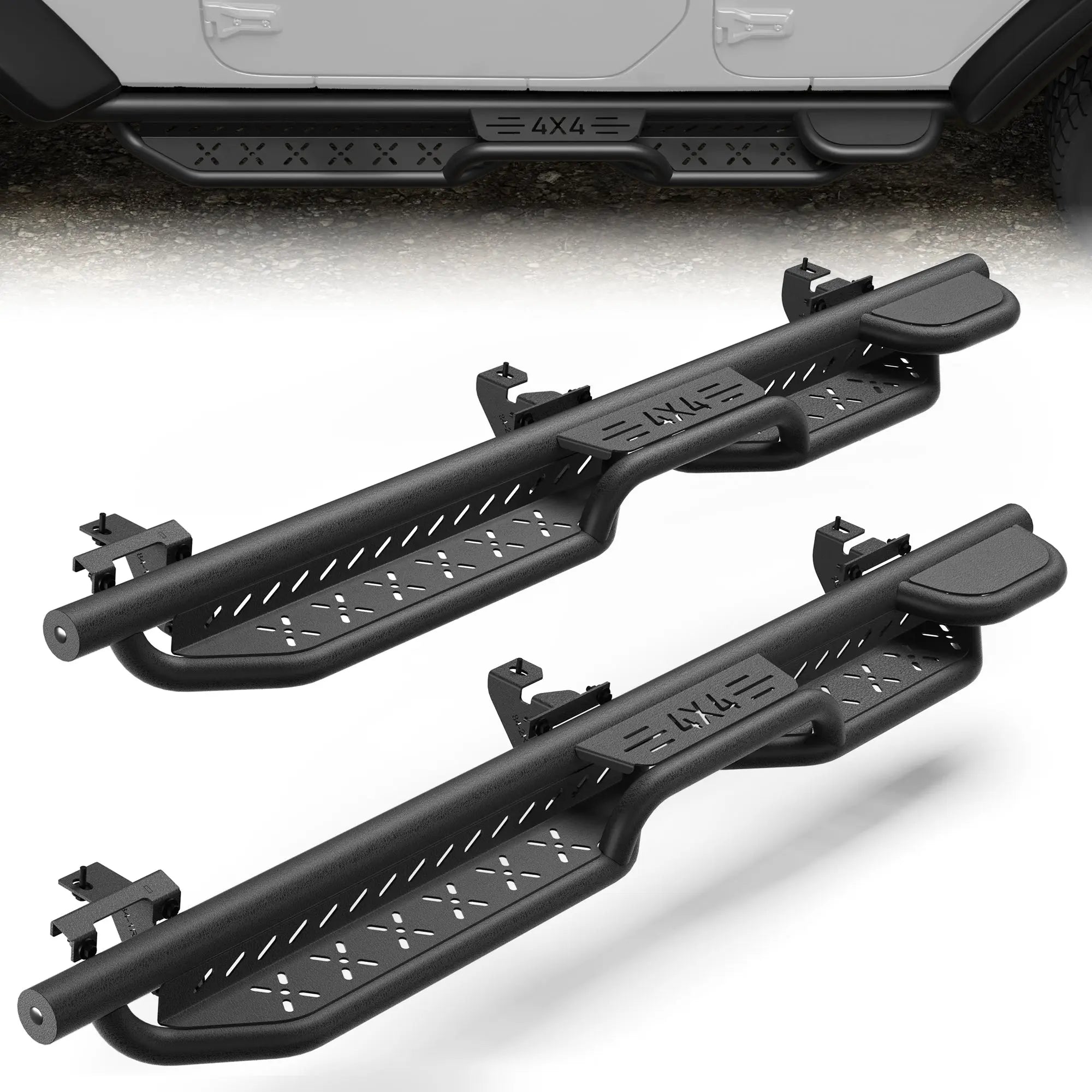 Running Boards Side Steps for Jeep Wrangler JL Unlimited (4-Door) - 2 Stairs Black Powder Coated Nerf Bars, Carbon Steel Side Step Rails POFENZE