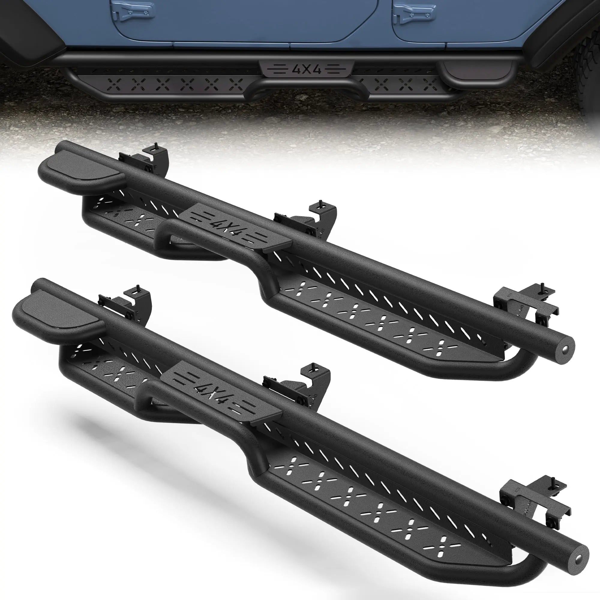 Running Boards Side Steps for Jeep Wrangler JL Unlimited (4-Door) - 2 Stairs Black Powder Coated Nerf Bars, Carbon Steel Side Step Rails POFENZE