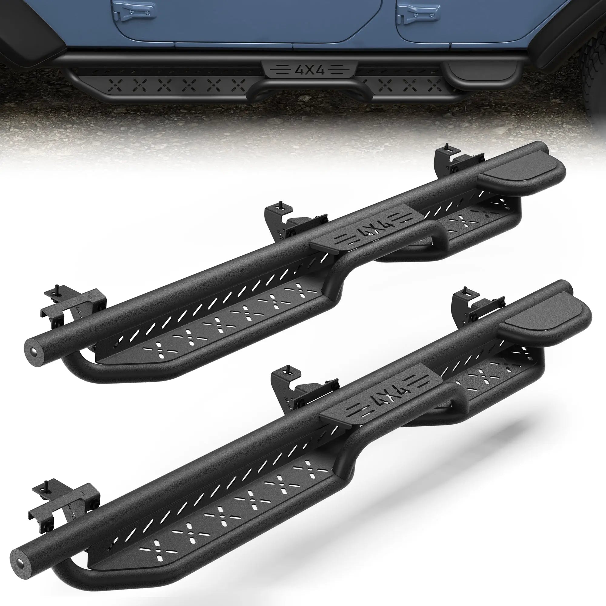 Running Boards Side Steps for Jeep Wrangler JL Unlimited (4-Door) - 2 Stairs Black Powder Coated Nerf Bars, Carbon Steel Side Step Rails POFENZE