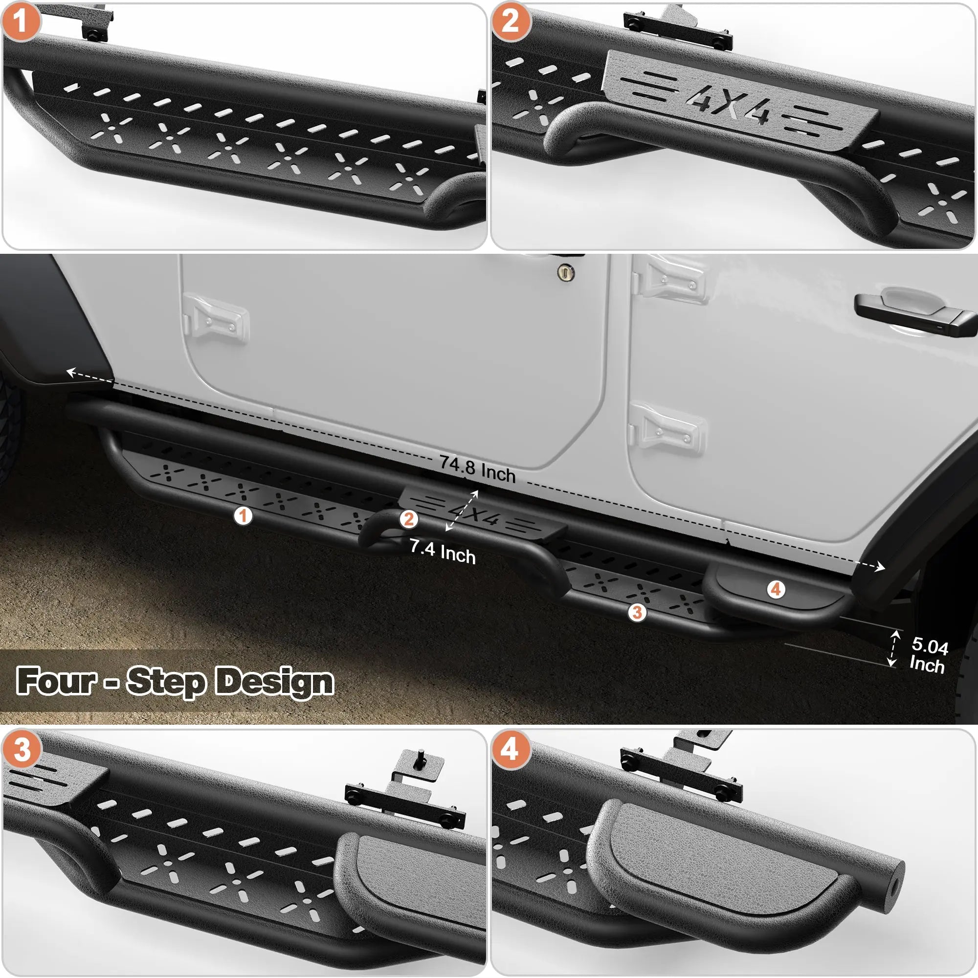Running Boards Side Steps for Jeep Wrangler JL Unlimited (4-Door) - 2 Stairs Black Powder Coated Nerf Bars, Carbon Steel Side Step Rails POFENZE