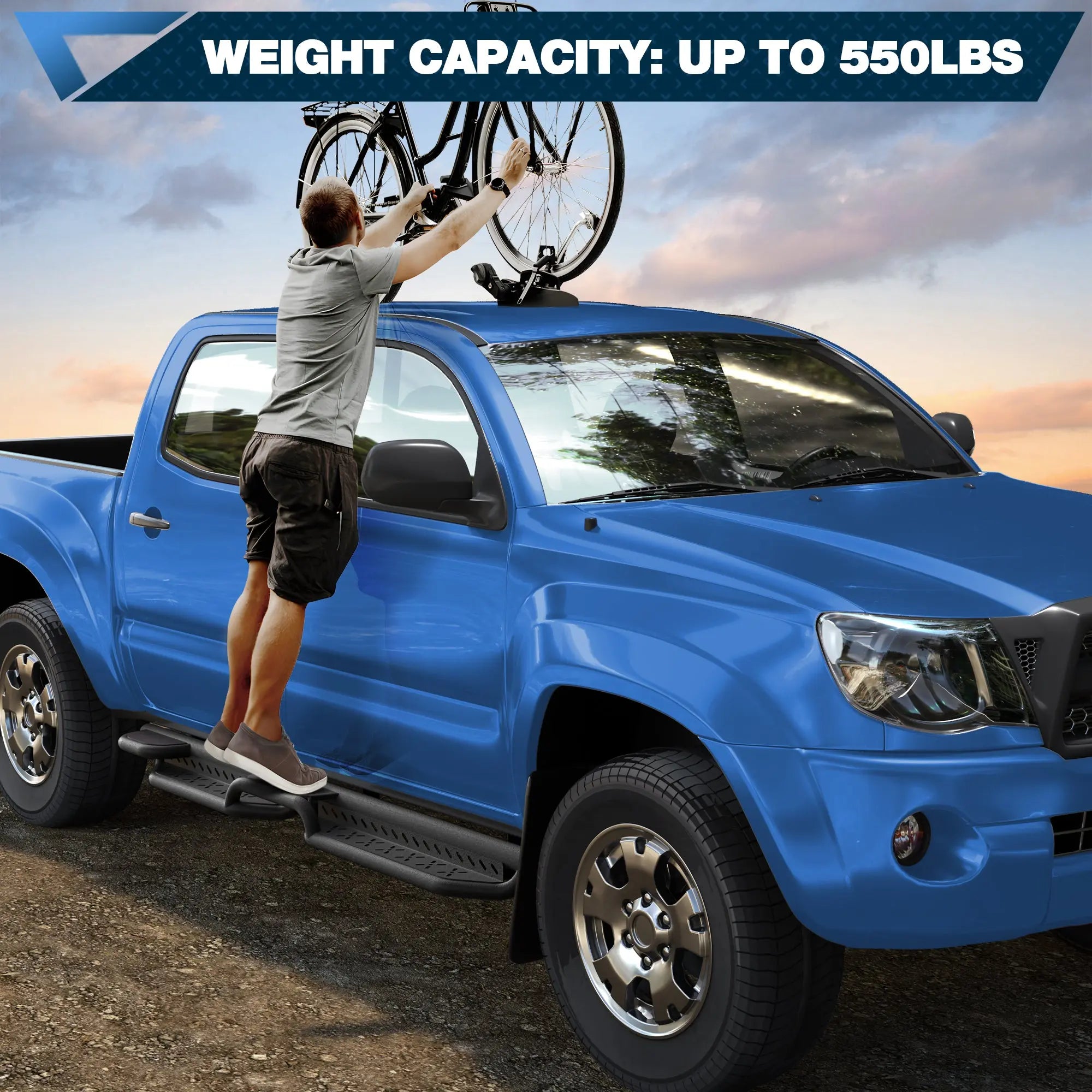 Running Boards Two Raised Step for 2005-2023 Toyota Tacoma Crew Cab with 4 Full-Size Doors POFENZE