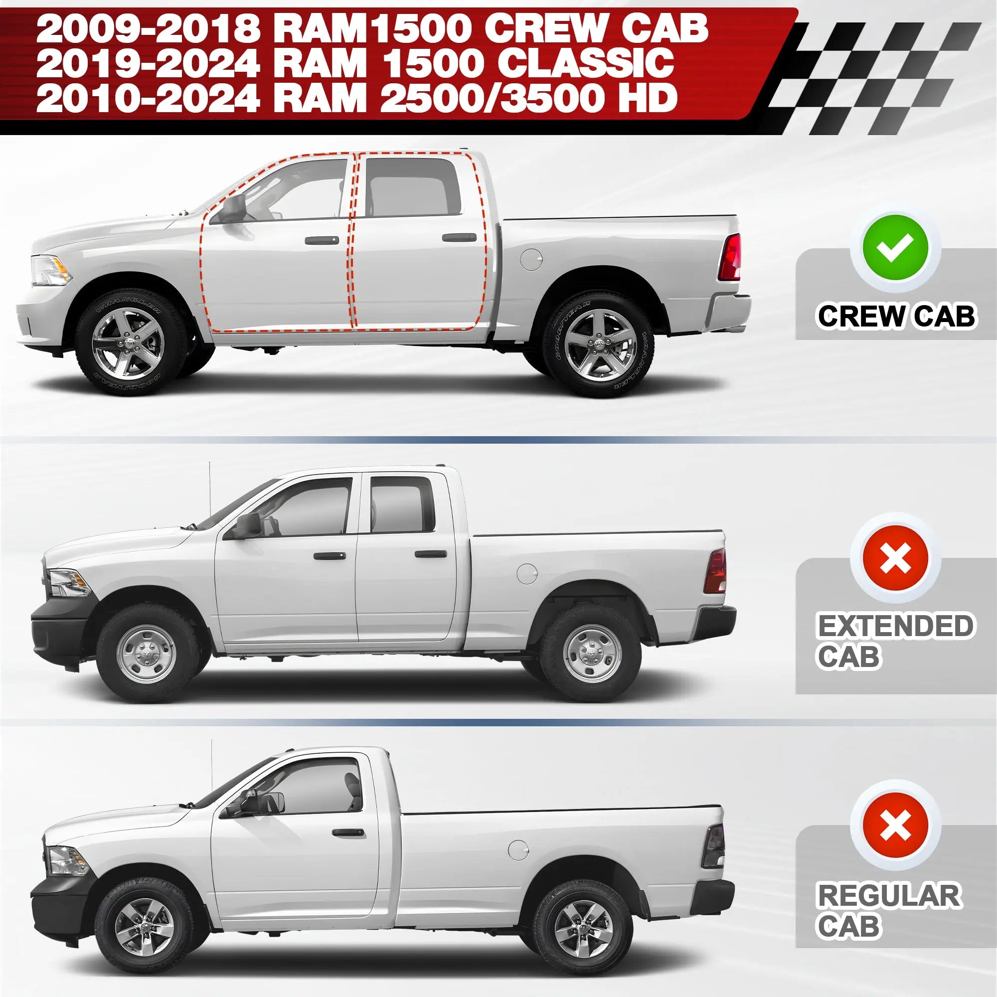 Running Boards Two Raised Step for 2009-2018 Dodge Ram 1500 (Including 2019-2025 Classic), 2010-2025 Ram 2500/3500 Crew Cab POFENZE
