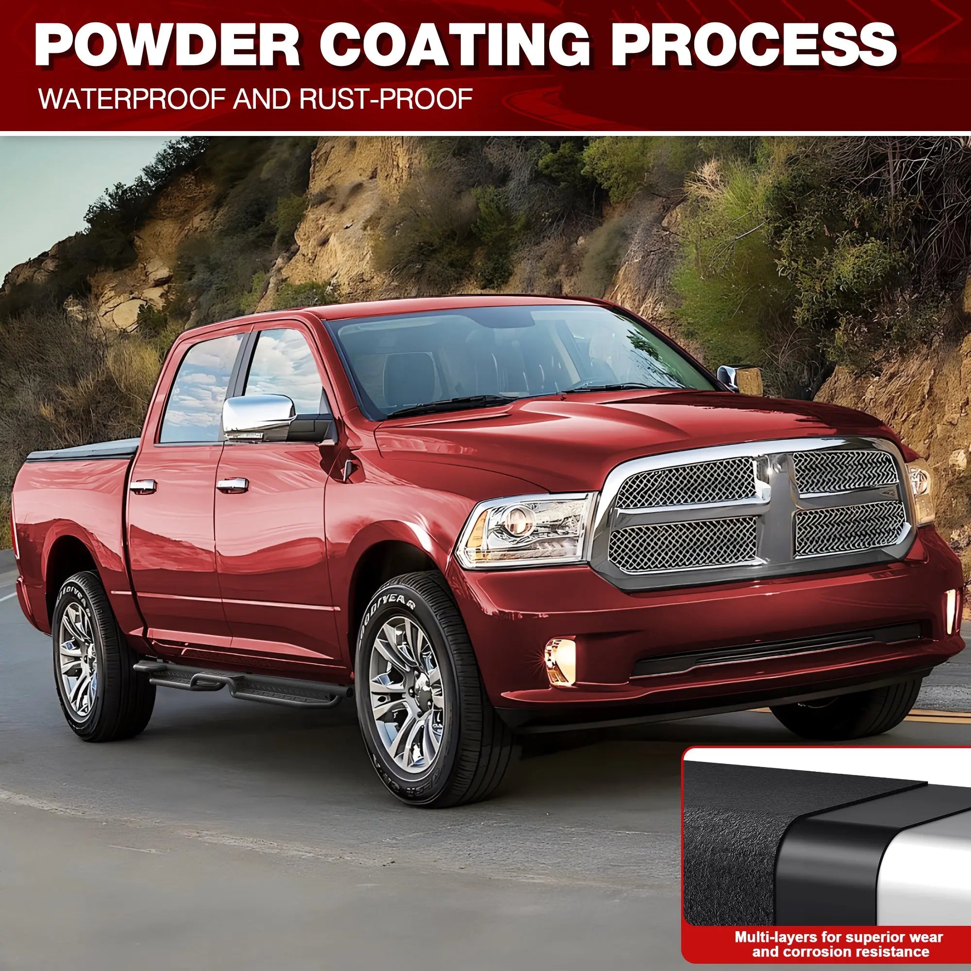 Running Boards Two Raised Step for 2009-2018 Dodge Ram 1500 (Including 2019-2025 Classic), 2010-2025 Ram 2500/3500 Crew Cab POFENZE