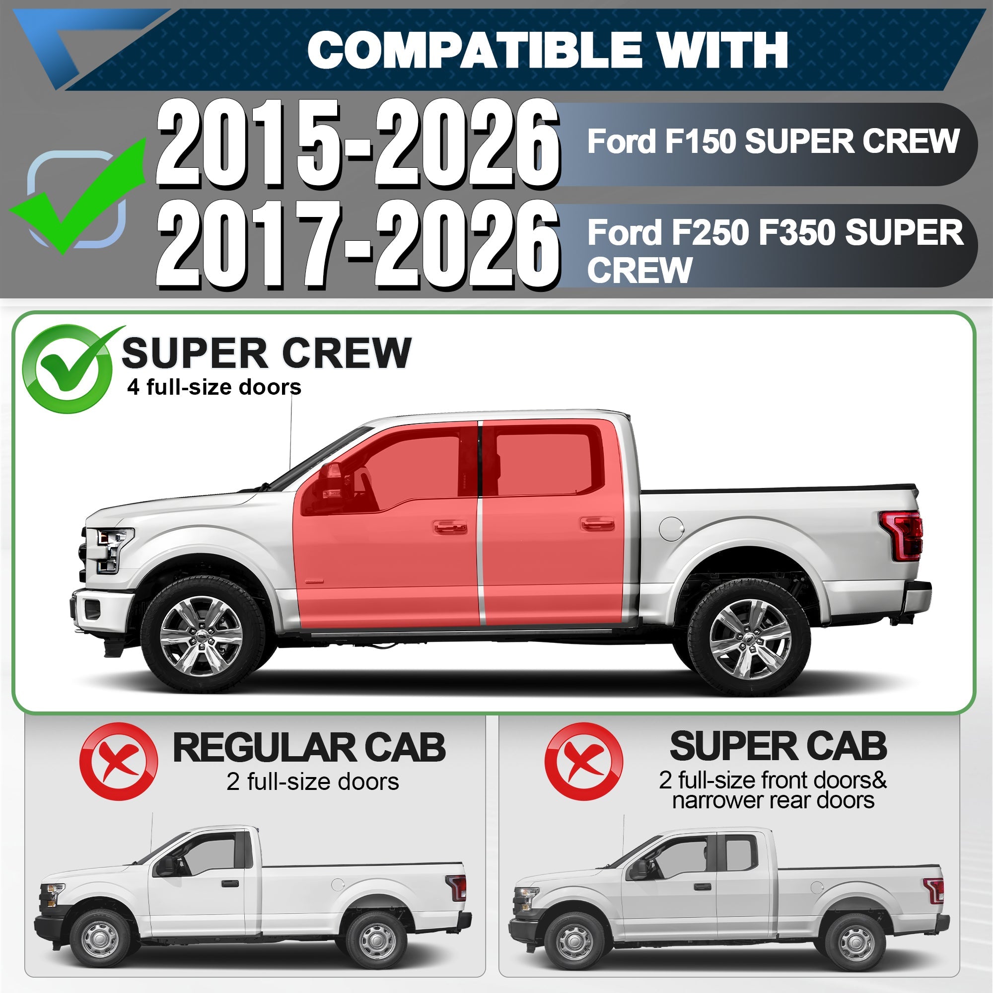 Fitment Guide: Compatible with 2015-2026 Ford F-150 SuperCrew & 2017-2026 F-250 F-350 Crew Cab | POFENZE Running Boards